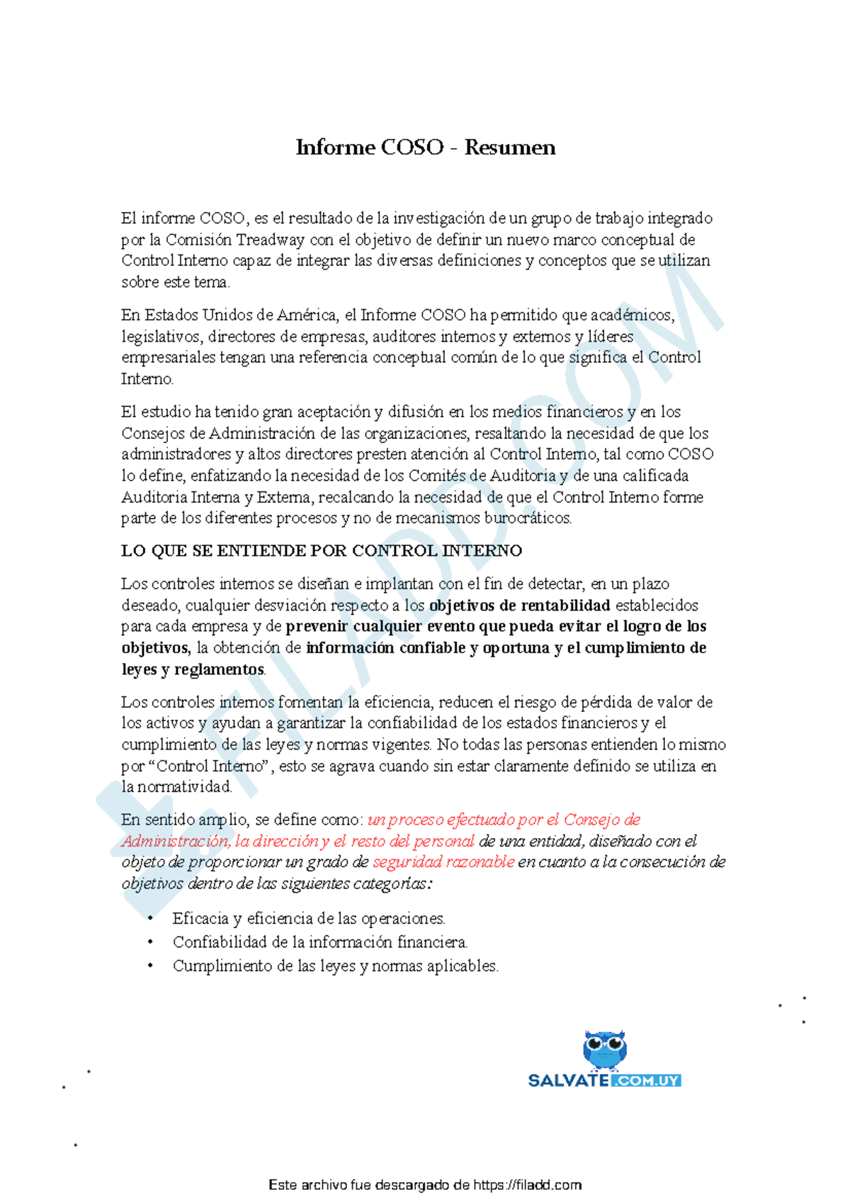 Resumen del Informe COSO sobre Control Interno y sus Componentes - Studocu