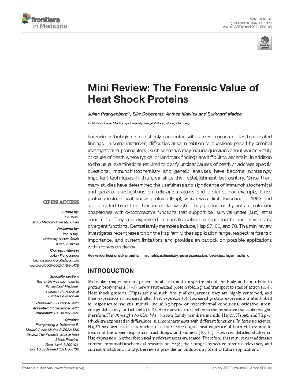 Fmed-08-800100: Forensic Insights on Heat Shock Proteins in Death ...