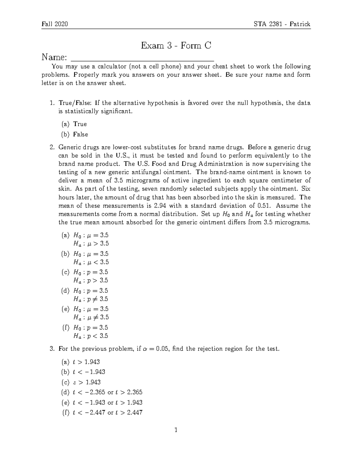 Exam 3 - Form C Review and Answers (Statistics Course) - Studocu