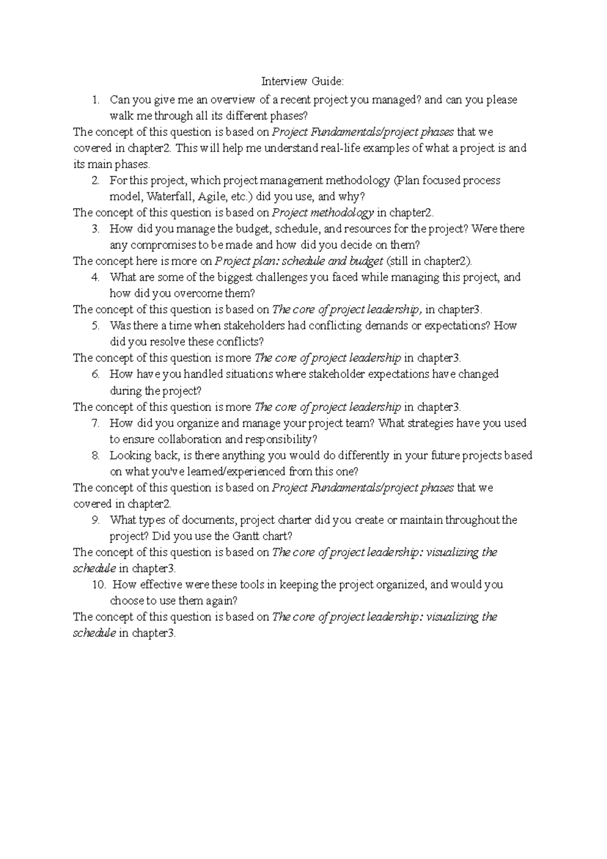 Interview Guide for Project Management - MATH 101 - Studocu