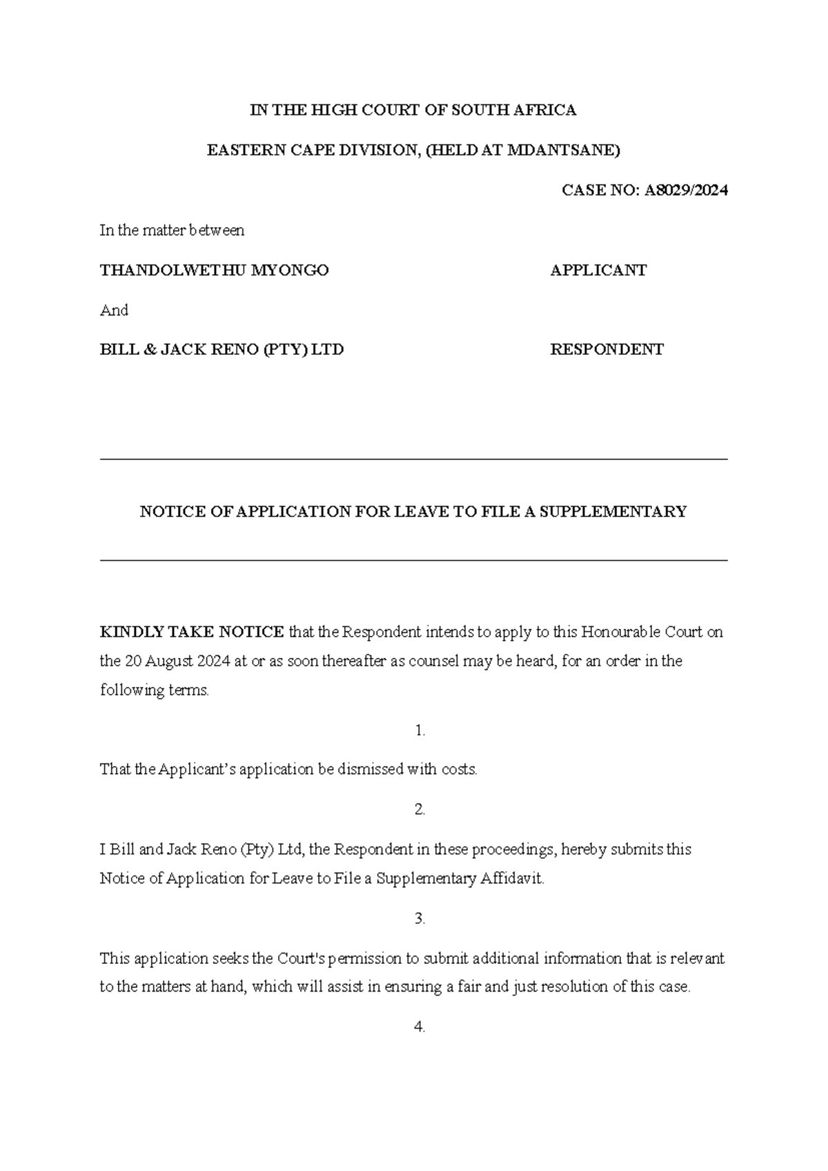 Notice of Motion for Leave to File Supplementary Affidavit - Case No ...