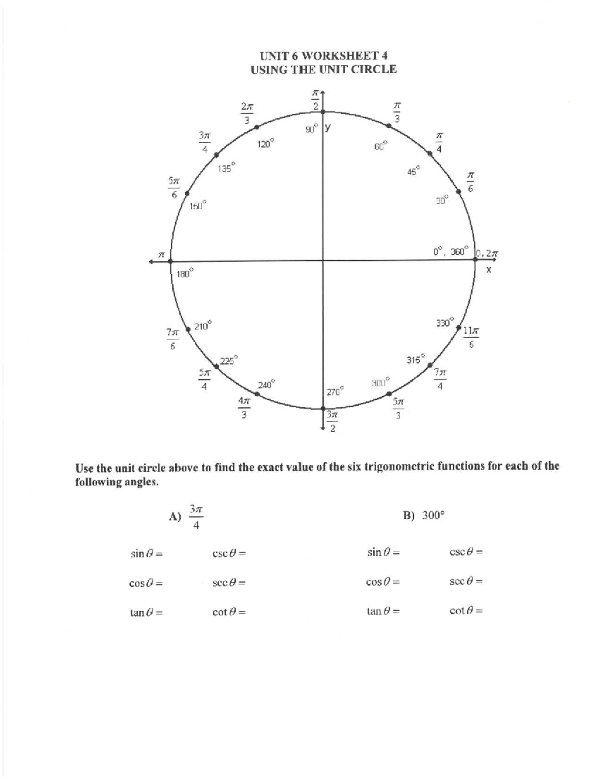 Unit 6 Worksheet 4: Unit Circle Trig Functions Practice - Studocu