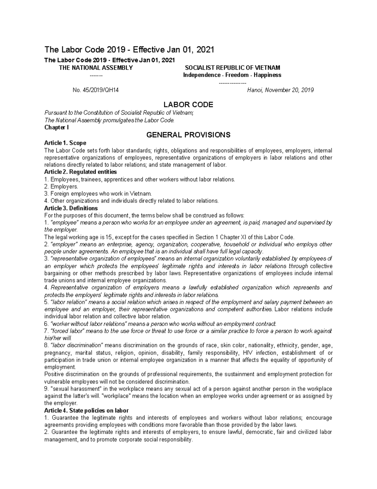 Labor Code 2019: Comprehensive Overview and Key Provisions - Studocu