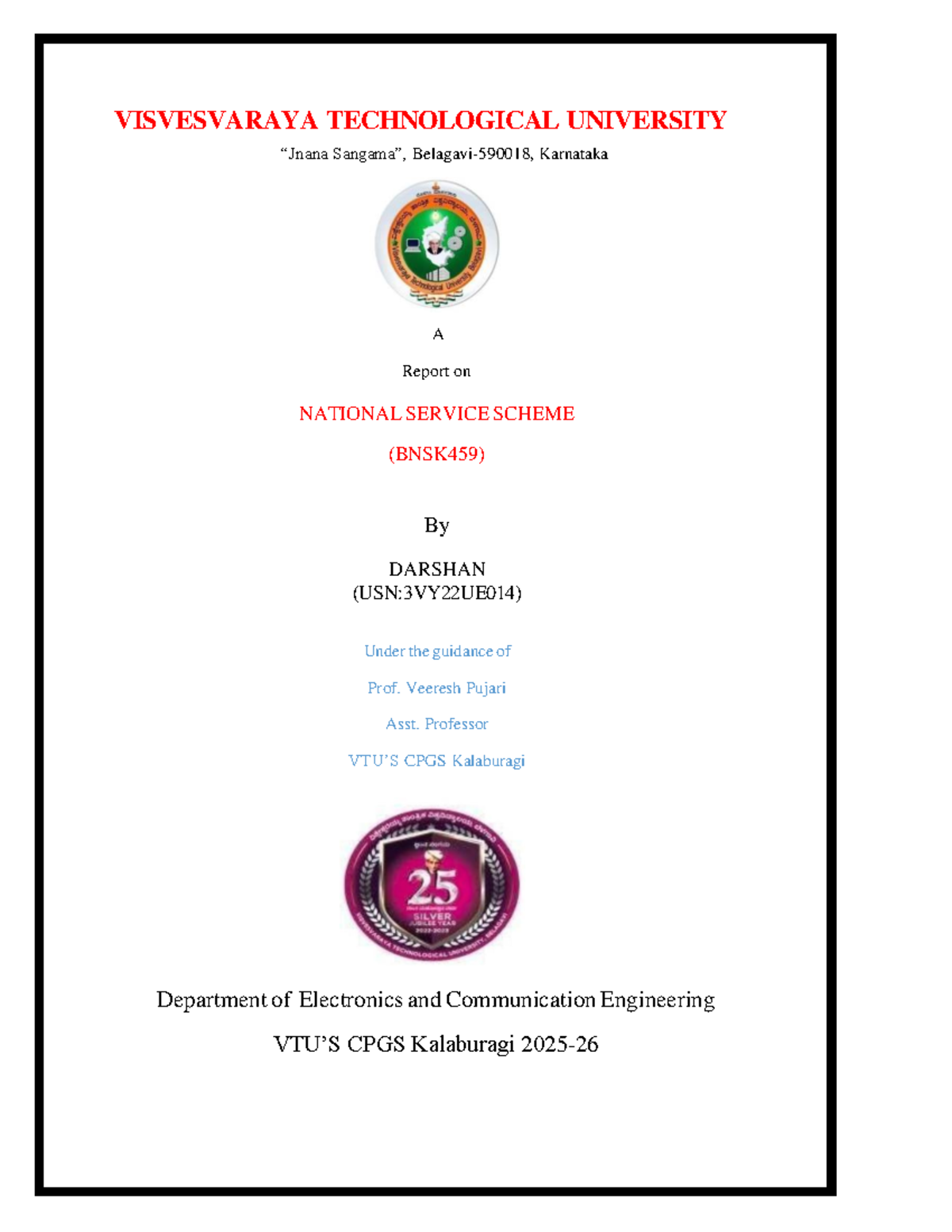 NSS Report on National Service Scheme (BNSK459) by Darshan (3VY22UE014 ...
