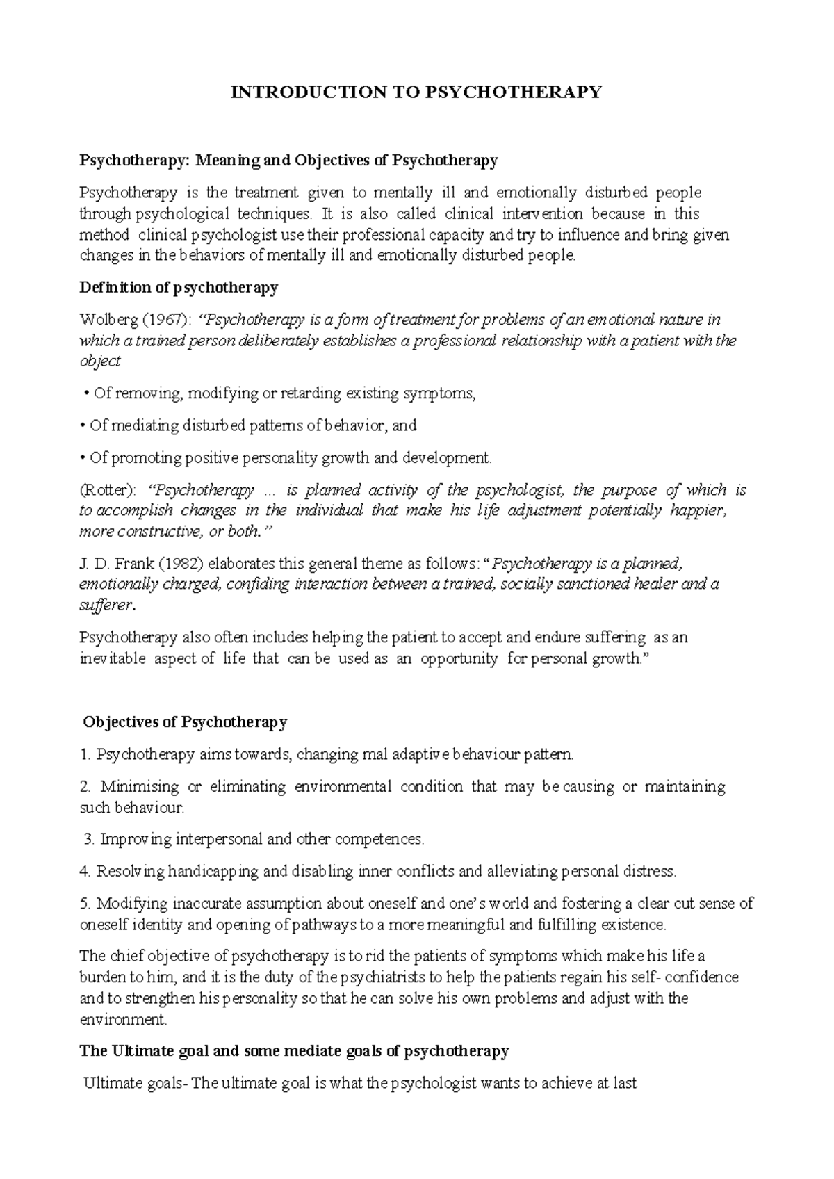 Introduction to Psychotherapy: Meaning, Objectives, and Goals - Studocu