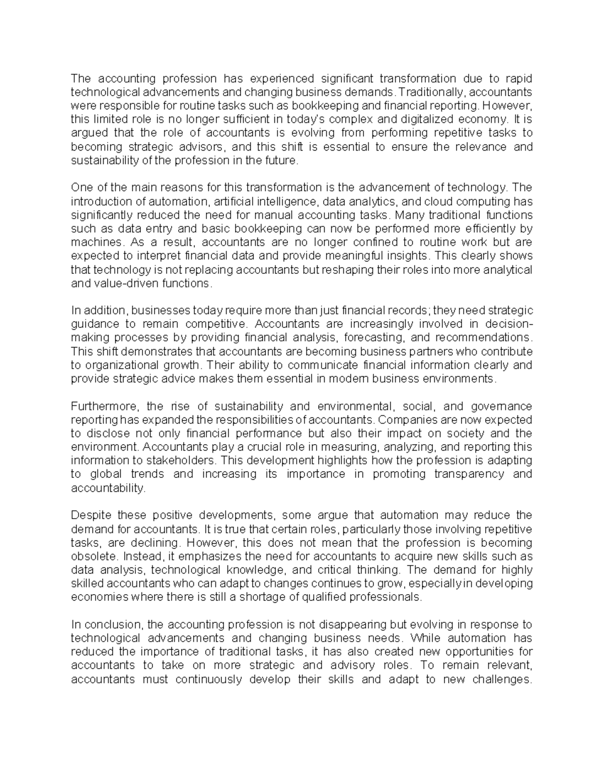 Evolving Role of Accountants in the Tech-Driven Economy: An Essay - Studocu