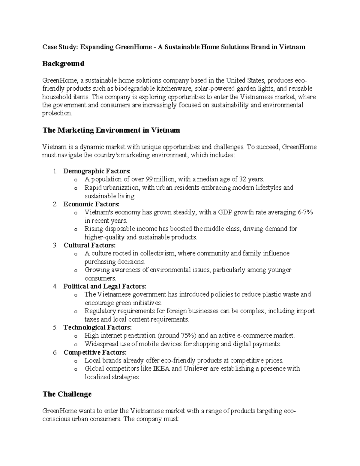 Case Study: GreenHome's Market Entry Strategy in Vietnam (MKT 101 ...