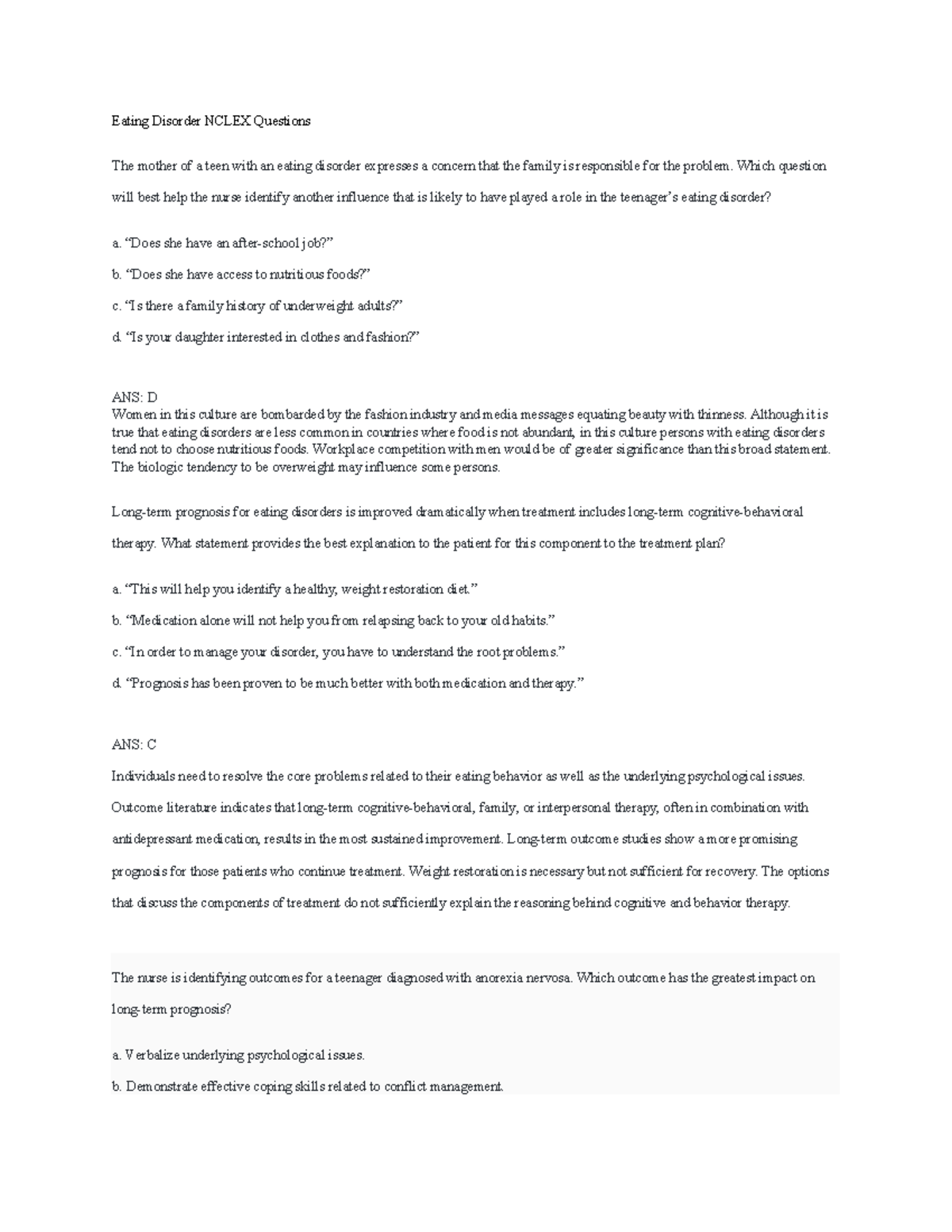 Eating Disorders NCLEX Questions and Answers Review - Studocu