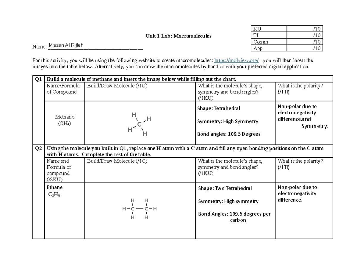 Unit 1 Lab: Macromolecules Overview for KU TI Comm App - Studocu