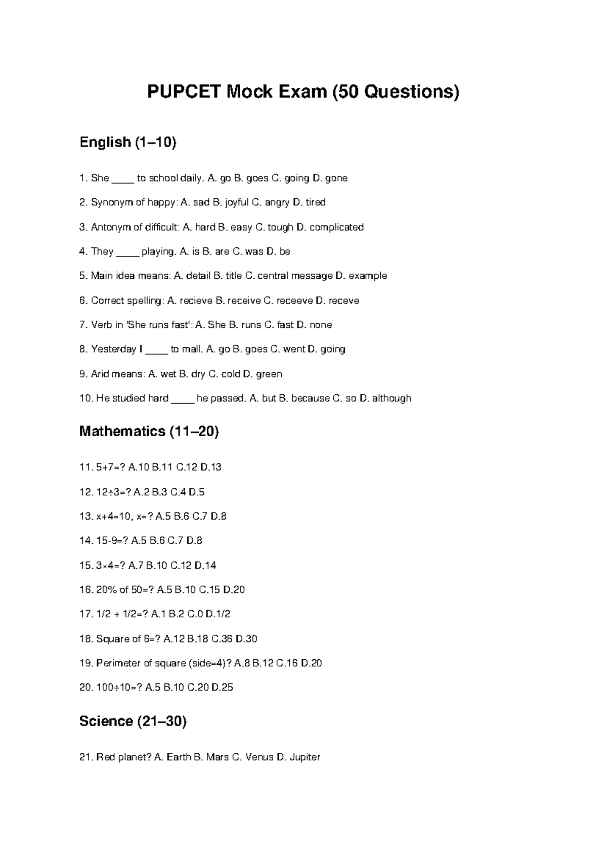 PUPCET Mock Exam - 50 Questions Practice Test - Studocu