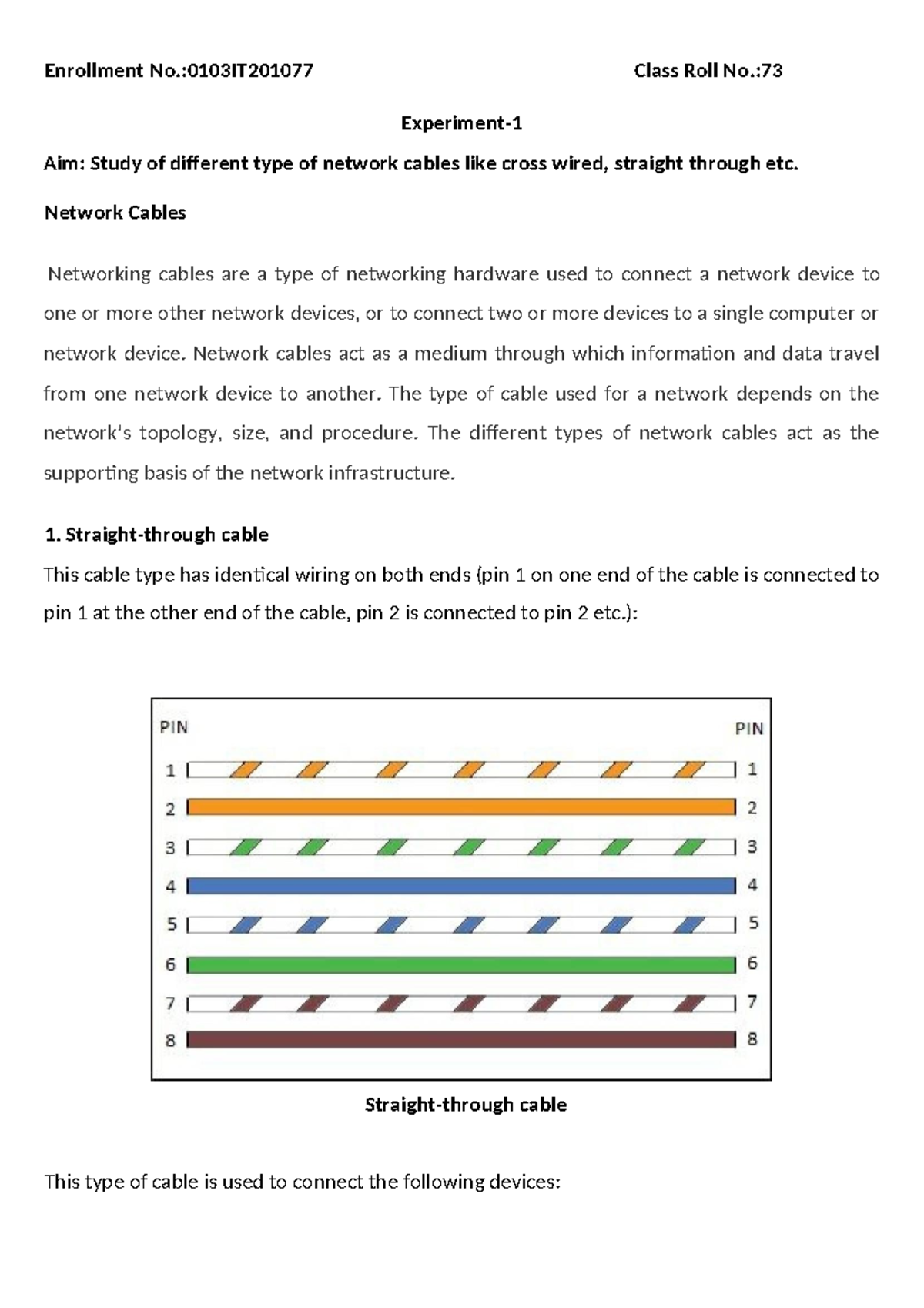 Experiment 1: Study of Network Cables Types and Functions - Studocu
