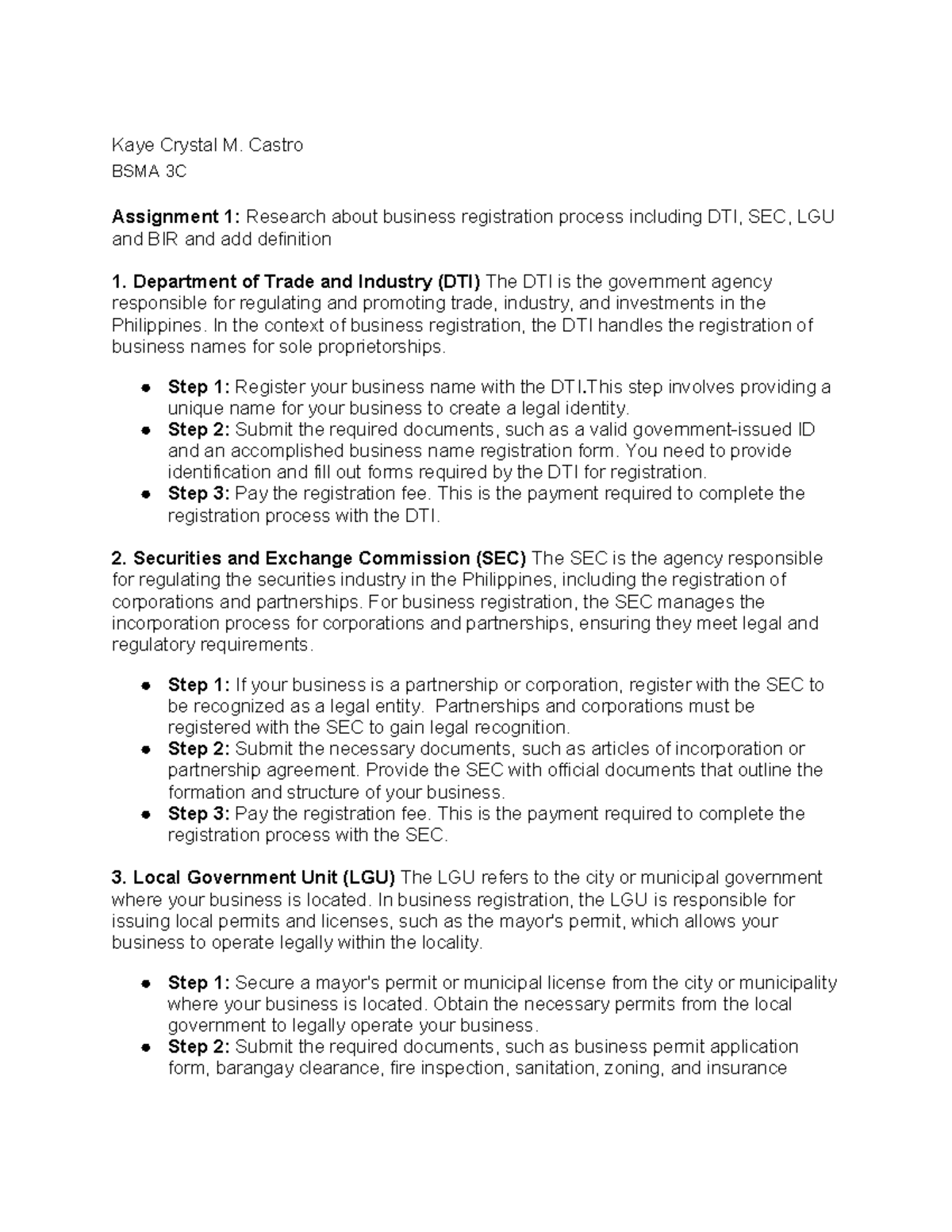 BSMA 3C - Assignment 1: Business Registration Process Overview - Studocu