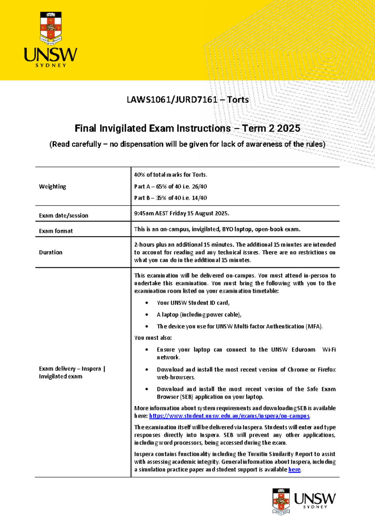 Torts Final Exam Instructions - LAWS 1061 /JURD 7161 – Torts Final ...