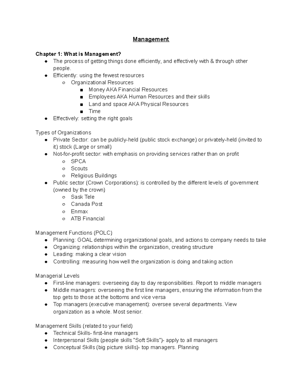 Management Ch 1-5 - Chapter 1-5 class notes - Management Chapter 1 ...