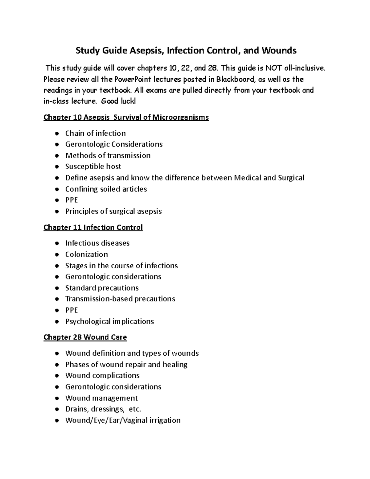 Study Guide: Asepsis, Infection Control, and Wounds - Studocu