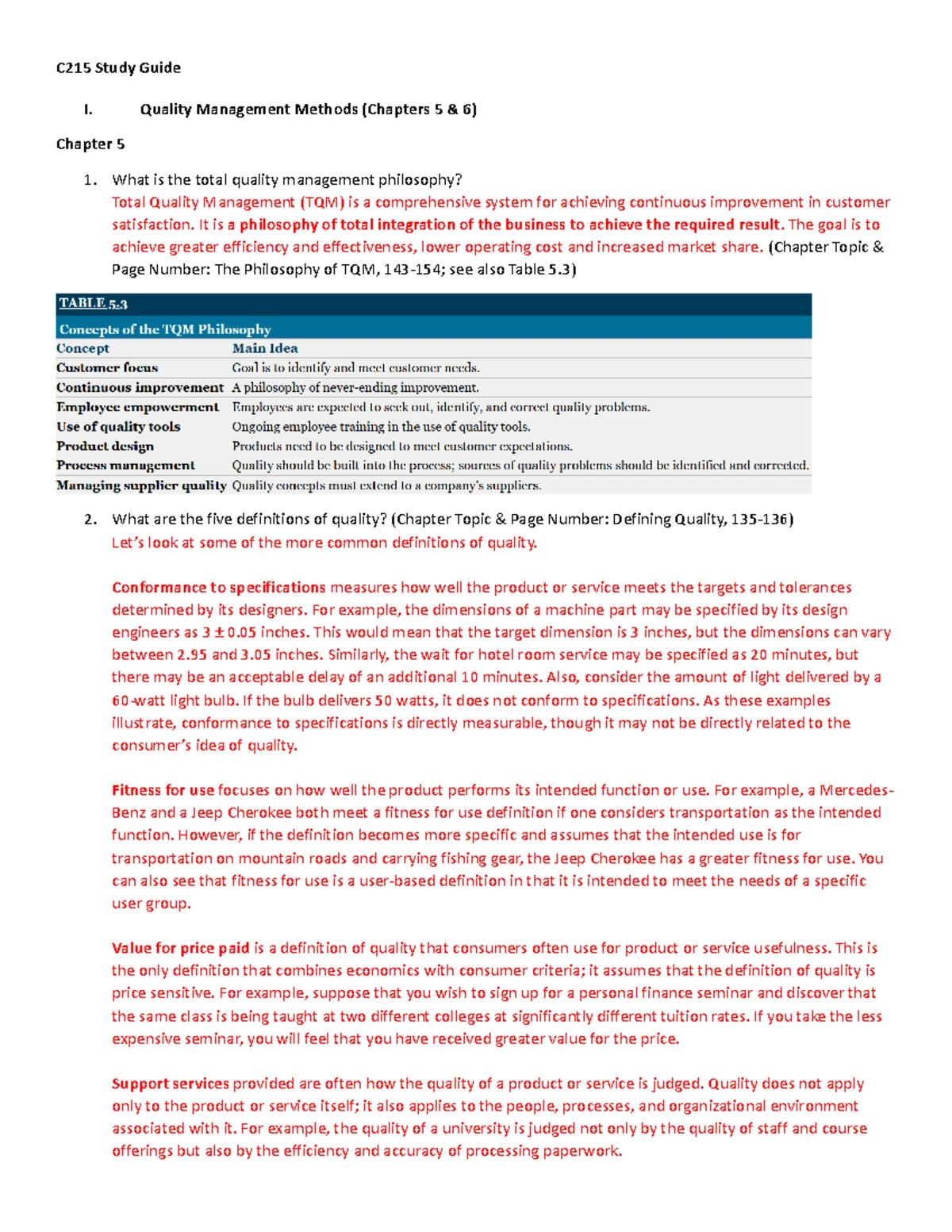 Chapter 5 - Total Quality Management Quiz Notes - Studocu