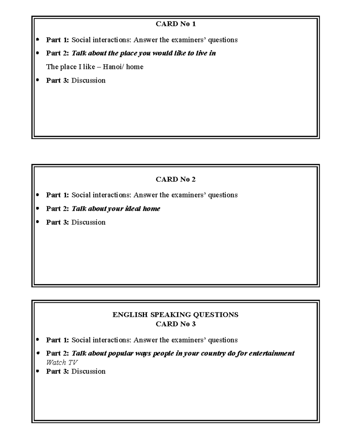 Speaking TEST Questions GE3 - Copy - CARD No 1 Part 1: Social ...