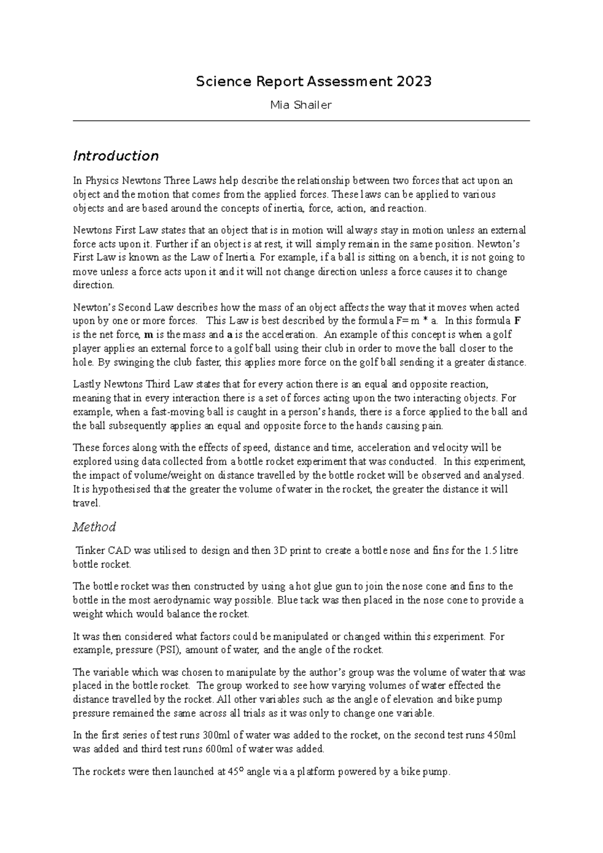 Mia science report - Science Report Assessment 2023 Mia Shailer ...