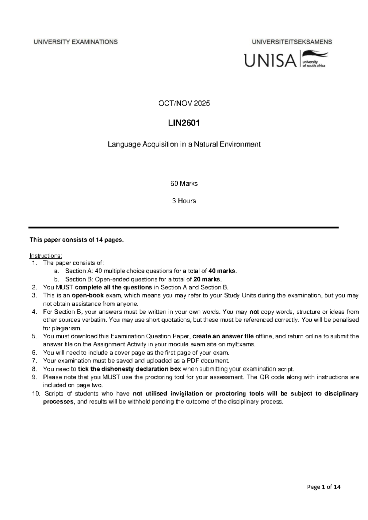 LIN2601 Language Acquisition Exam Paper S2 2025 - 60 Marks - Studocu