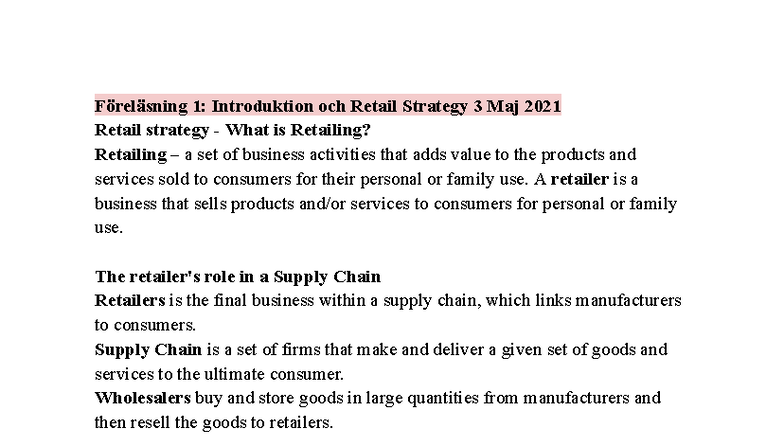 Retail Management 1FE672: Lecture Notes on Retail Strategy and Trends ...