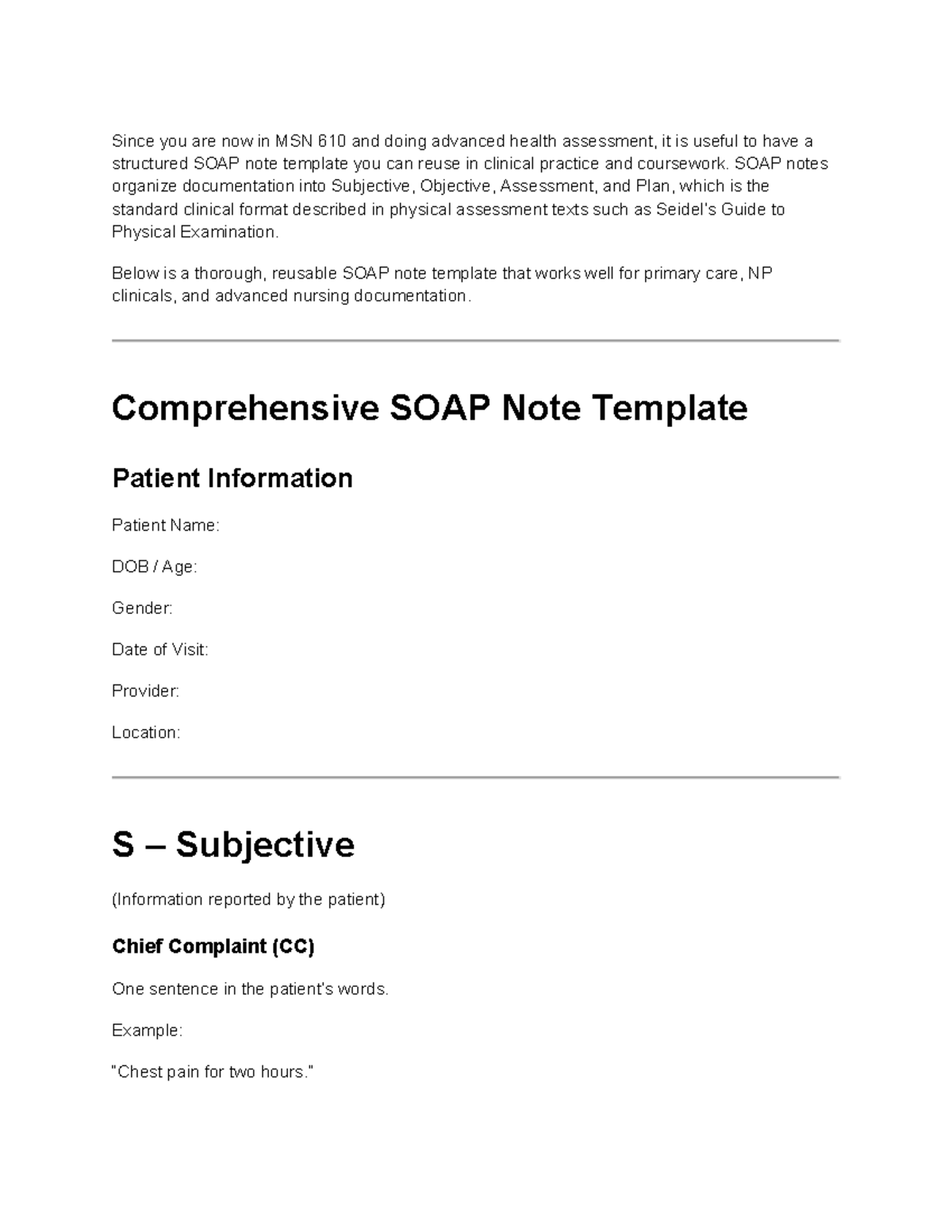 SOAP Notes Template for MSN 610: Advanced Health Assessment - Studocu