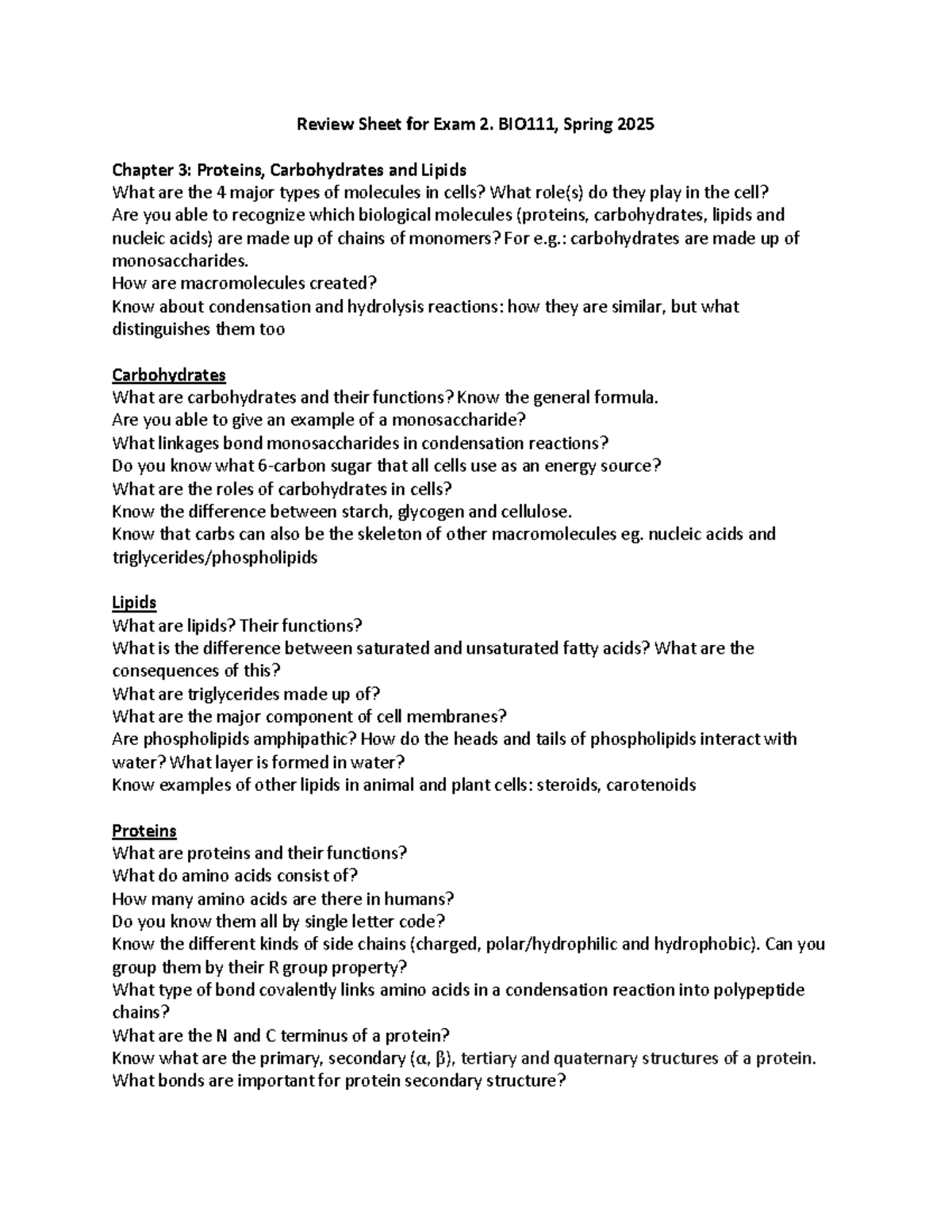 Review Sheet for Exam 2: Biological Molecules (BIO111, Spring 2025 ...