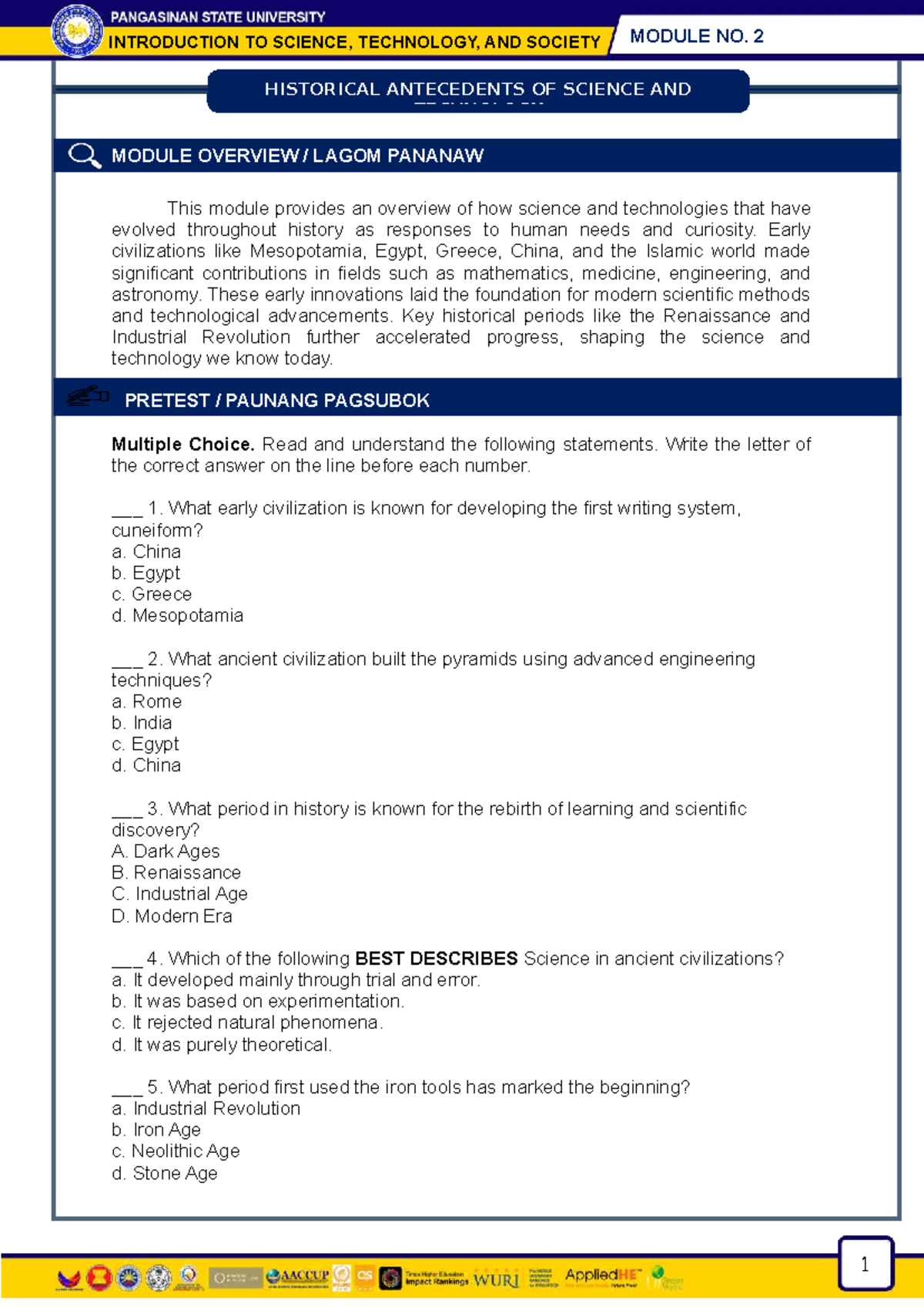 Module 2: Historical Antecedents of Science and Technology Overview ...