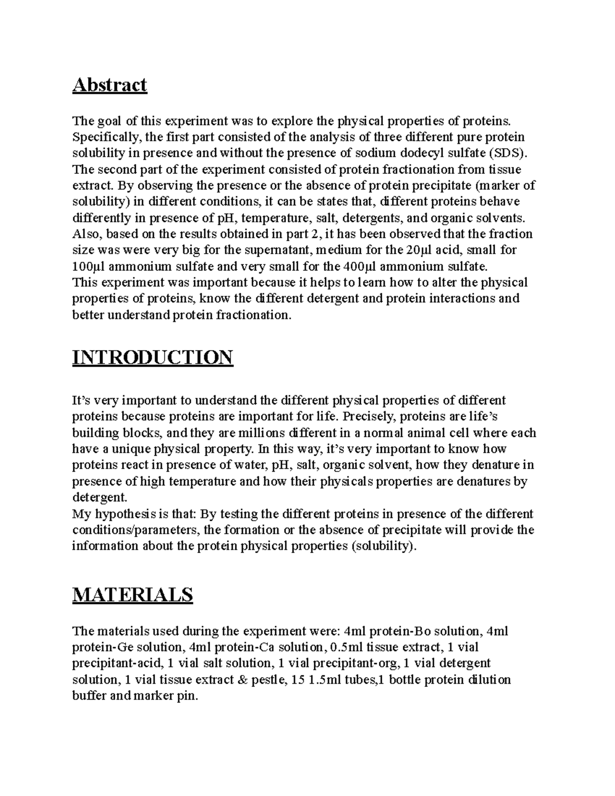 Cell bio lab 1 - proteins - Abstract The goal of this experiment was to ...