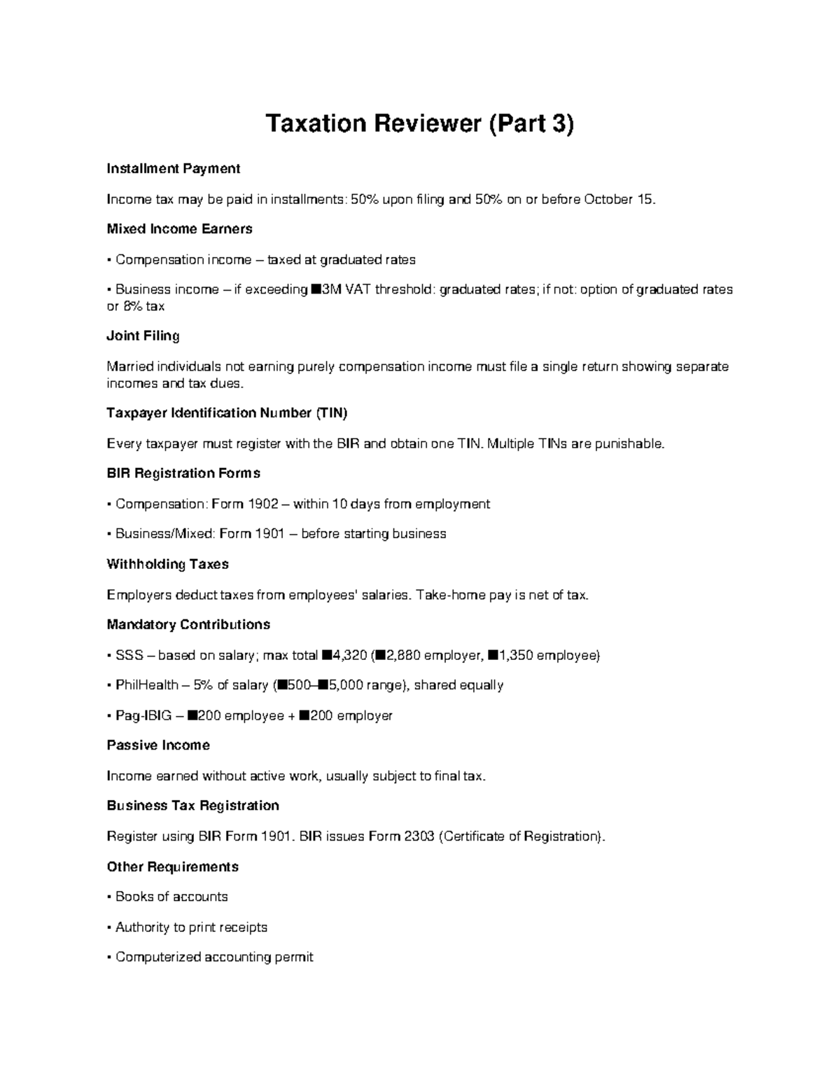 Taxation Reviewer 3: Key Concepts on Installment Payments and TIN - Studocu