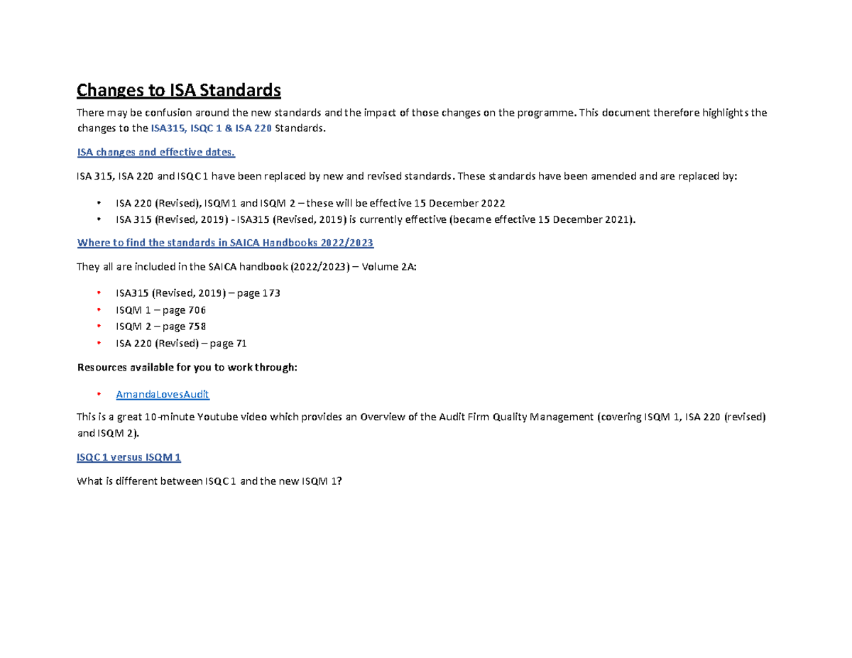 Audit Quality Management Standards Update: ISA 315, ISA 220, ISQC 1 ...