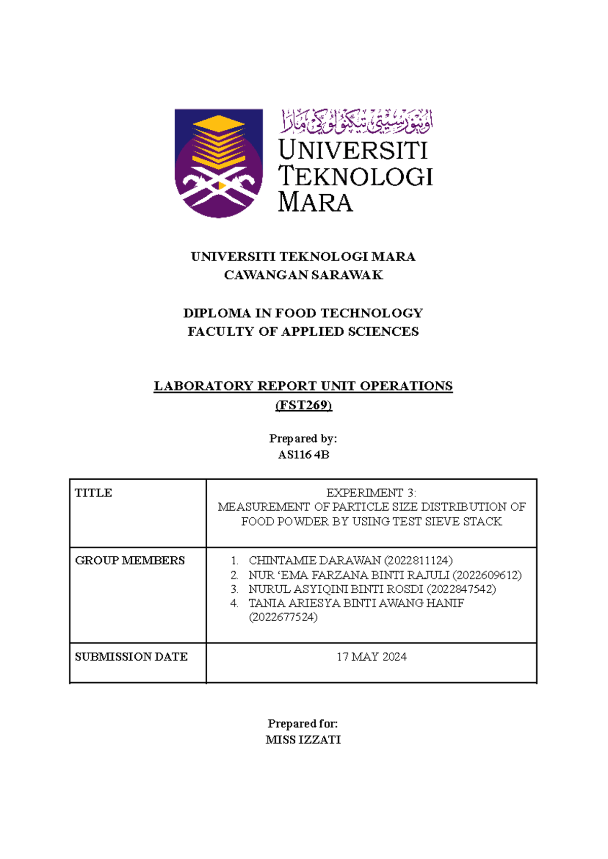 FST269 Lab Report 3 Test Sieve Stack - UNIVERSITI TEKNOLOGI MARA ...