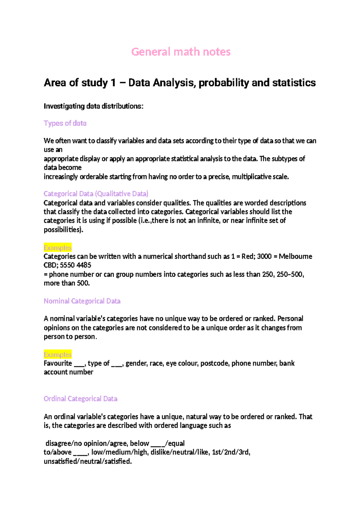 Data Analysis & Statistics: General Math Notes for Course MATH101 - Studocu