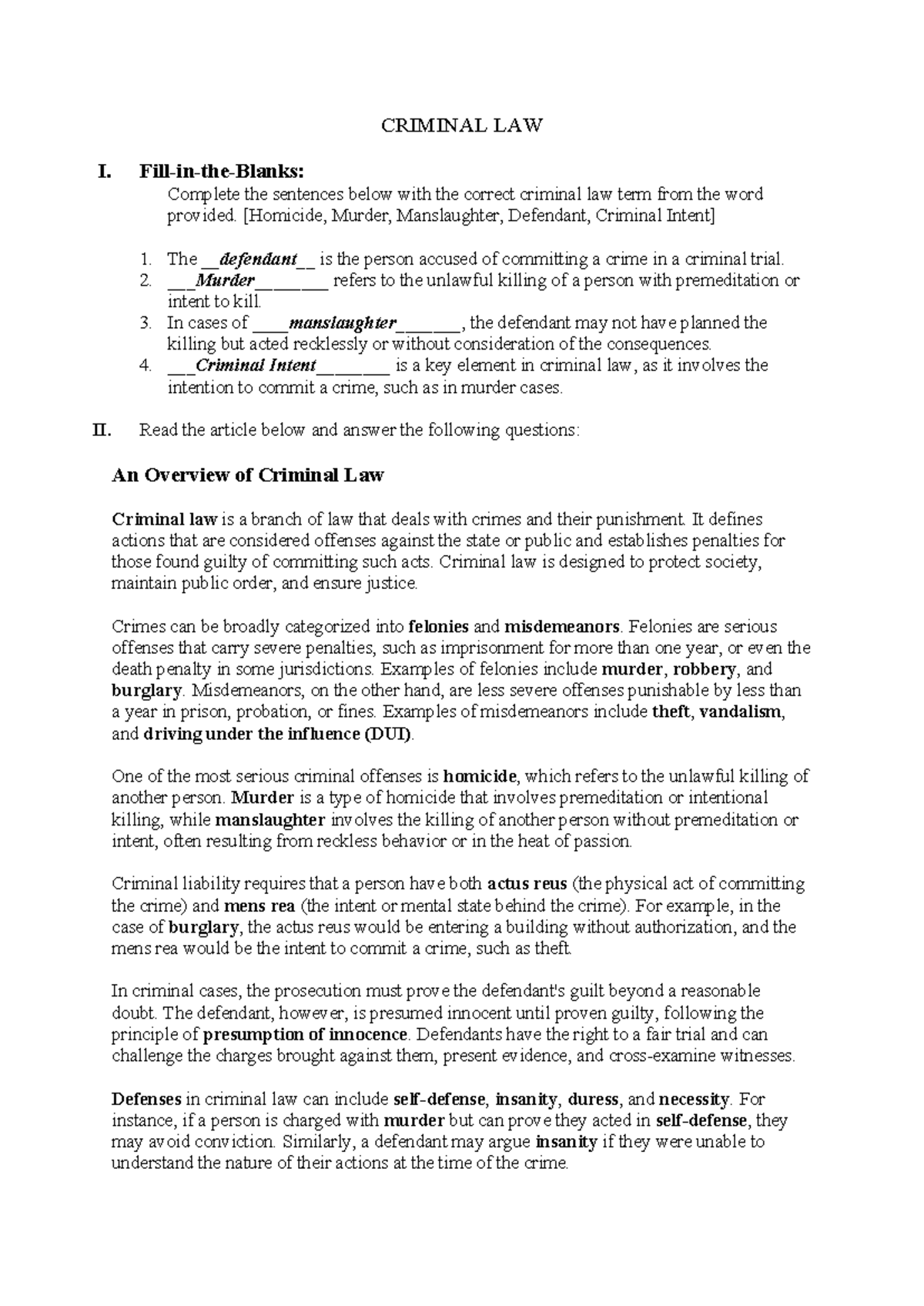 CRIMINAL LAW I: Key Terms and Concepts Overview - Handout 1 - Studocu