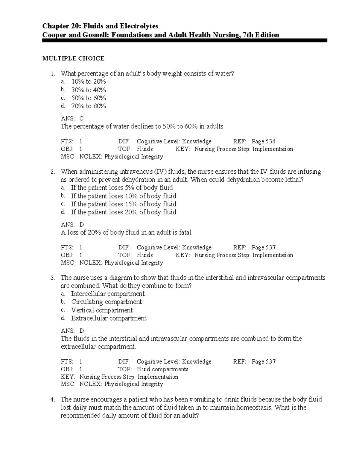 Chapter 20: Fluid and Electrolytes Review Notes for Nursing (NUR 101 ...