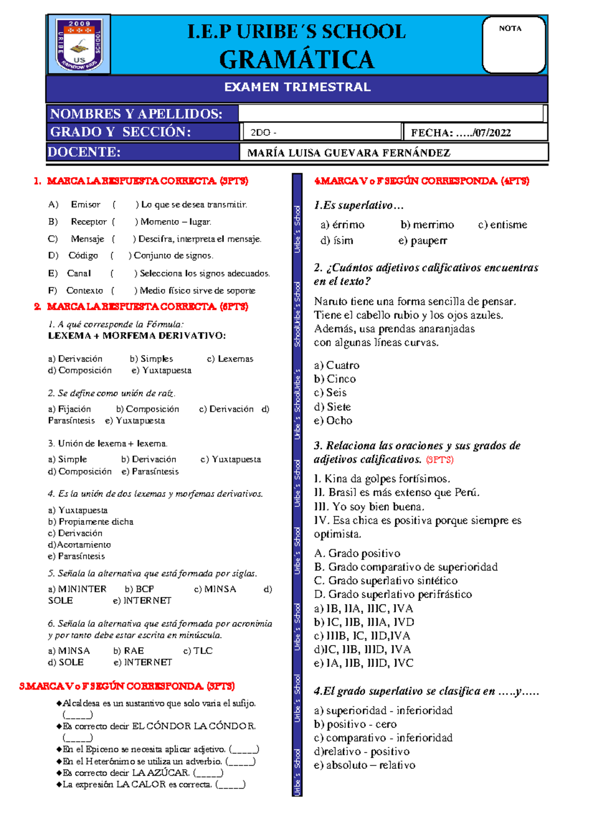 Gramática 2° SEC - Examen Trimestral Uribe's School - Studocu