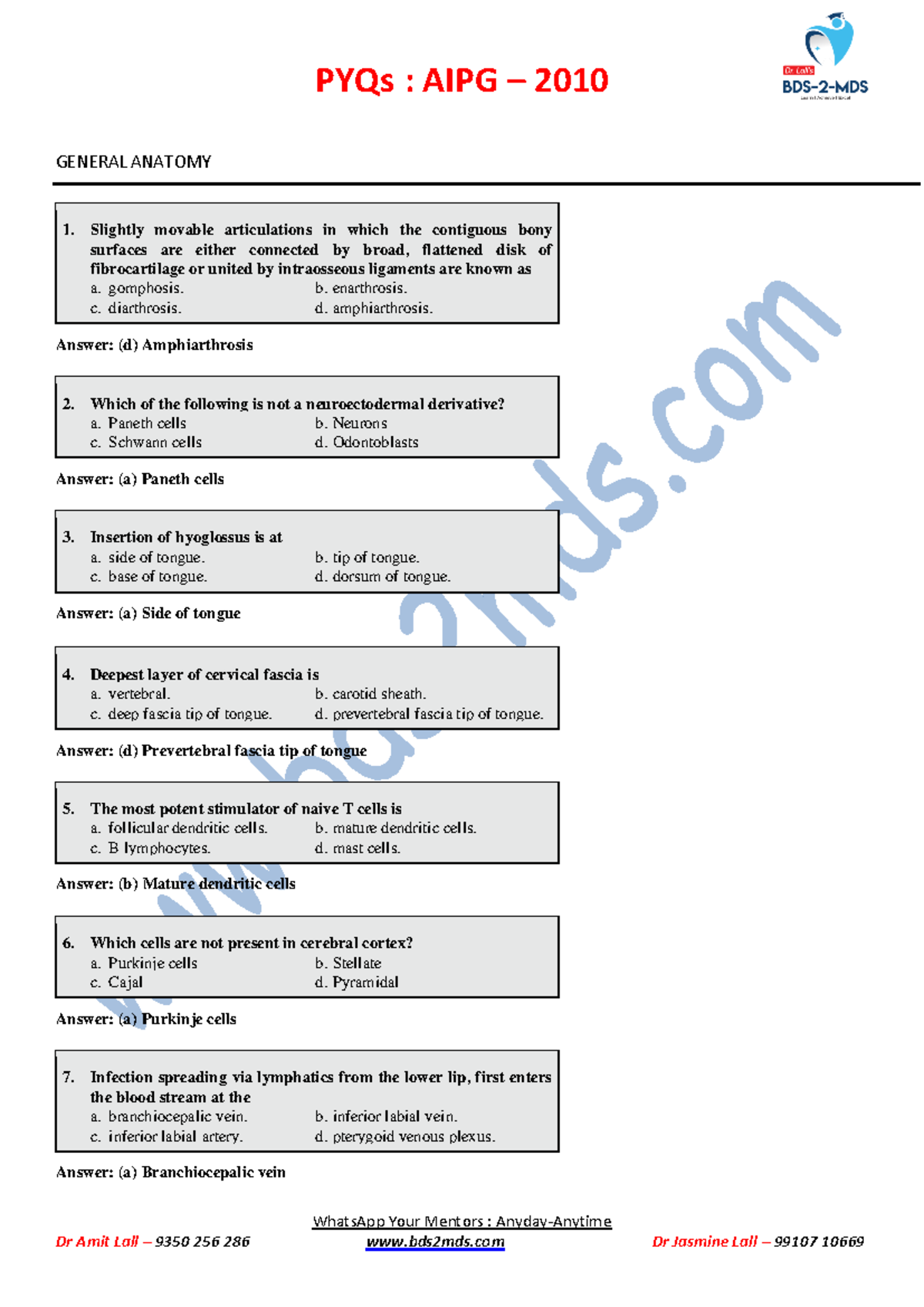 PYQ - AIPG - 2010 - Answers for General Anatomy and Physiology - Studocu