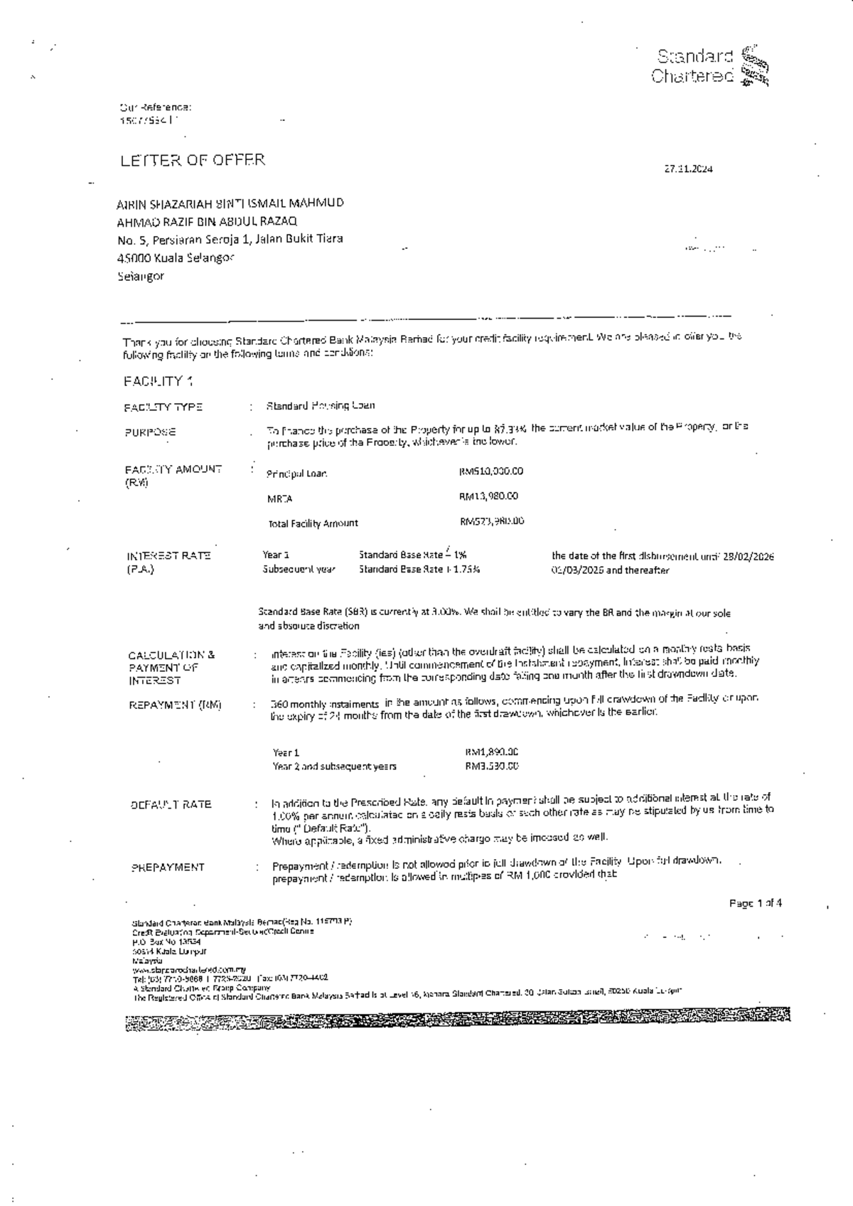Standard Chartered Letter of Offer for Housing Loan - Ref: 15077564 ...