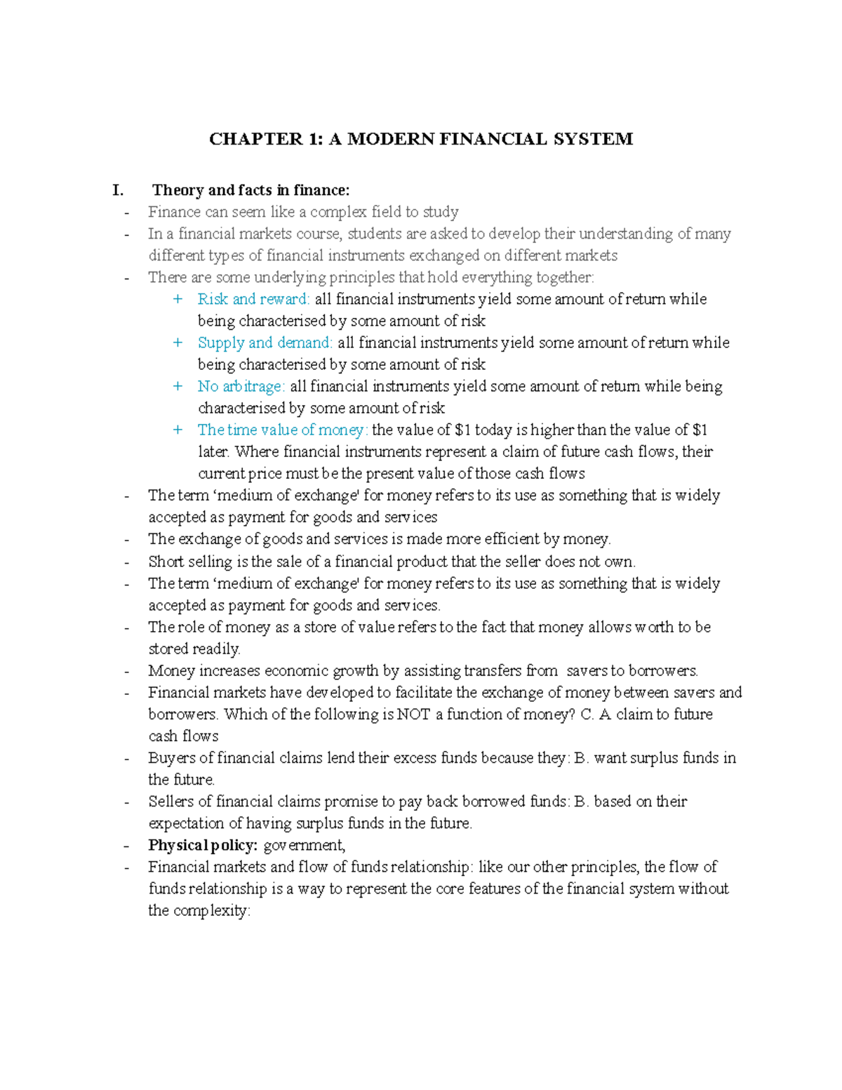FIM NOTE - note - CHAPTER 1: A MODERN FINANCIAL SYSTEM I. Theory and ...