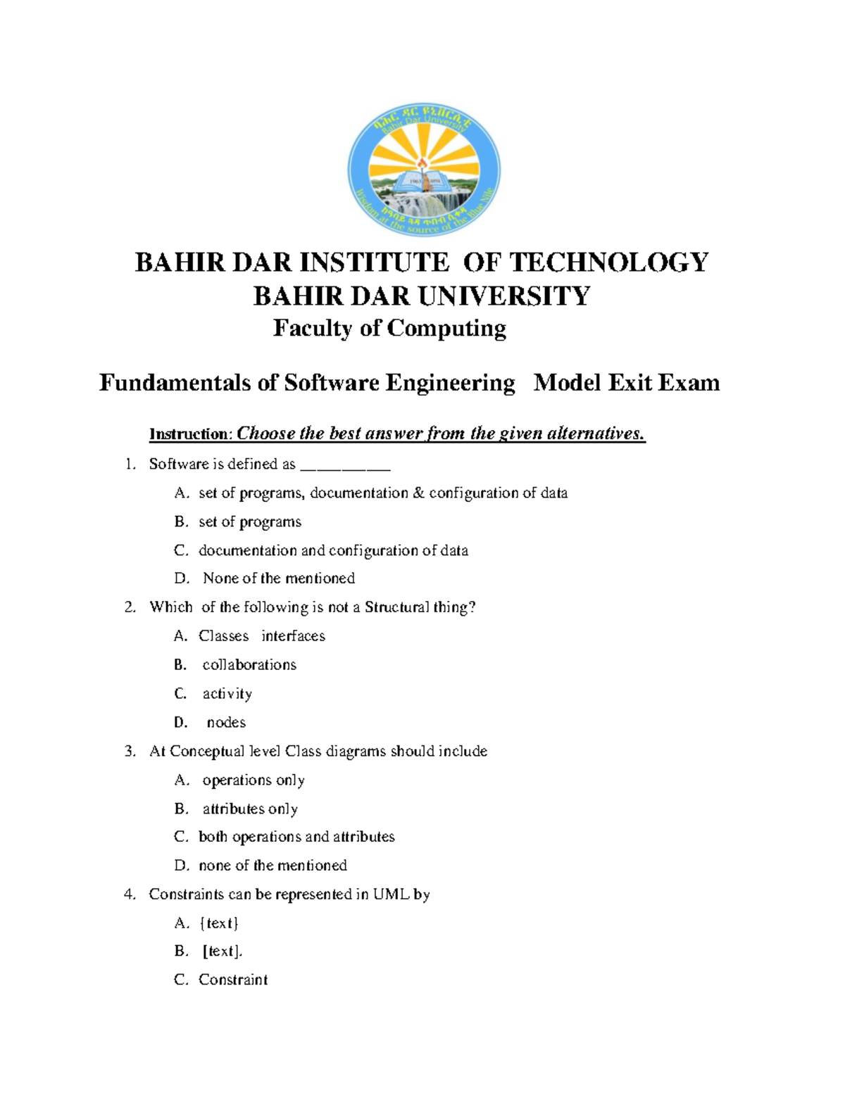 Fundamentals of Software Engineering - Model Exit Exam (SE 101) - Studocu