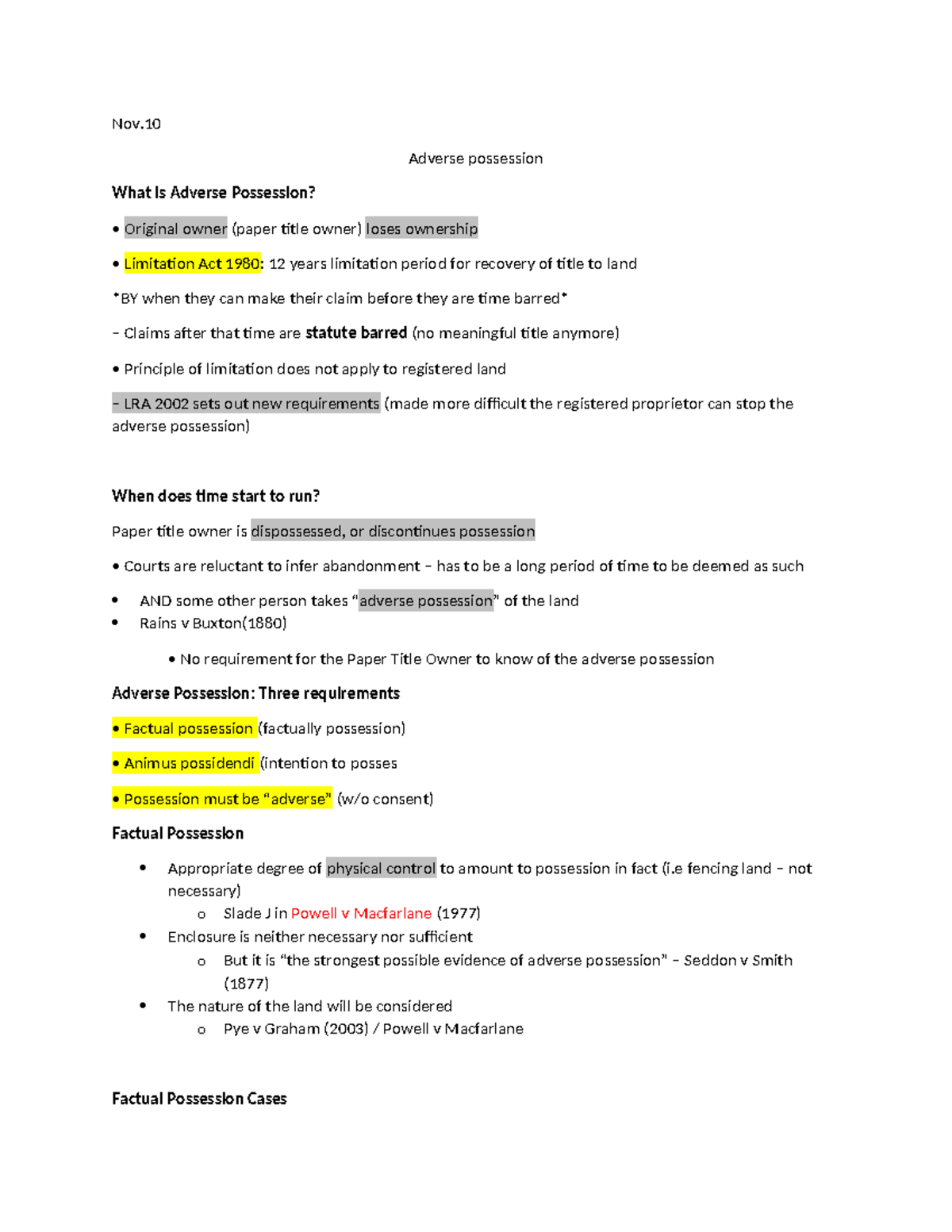 Adverse Possession in Property Law: Detailed Study Notes (PL123) - Studocu