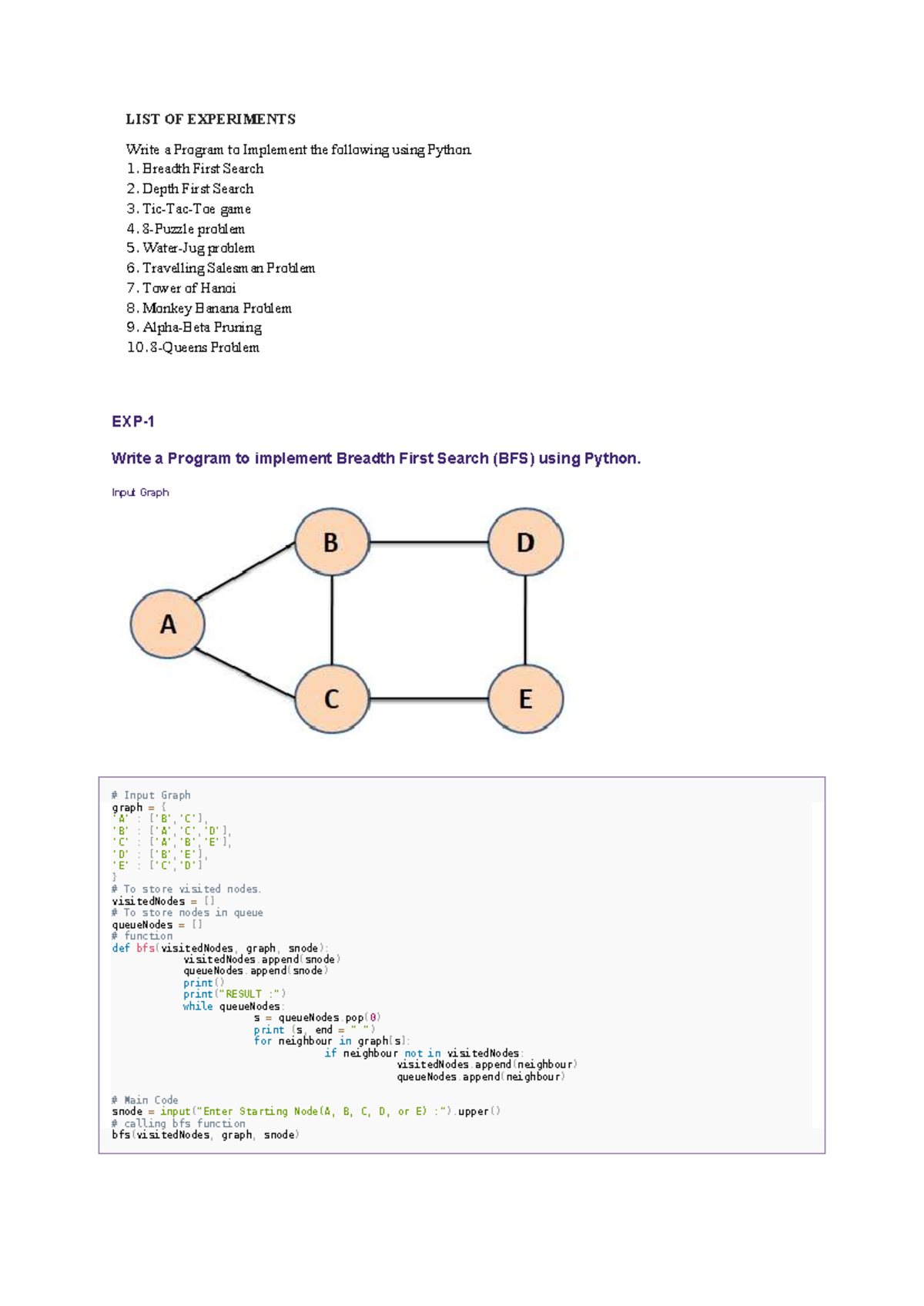 AI-Lab - Python Programs for Graph Algorithms and Puzzles - Studocu
