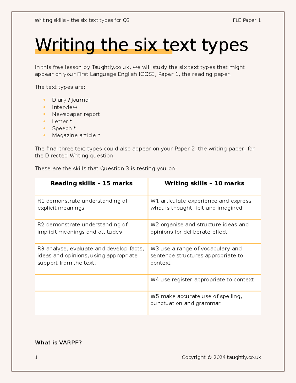 Writing Skills: The Six Text Types for Q3 FLE Paper 1 IGCSE - Studocu