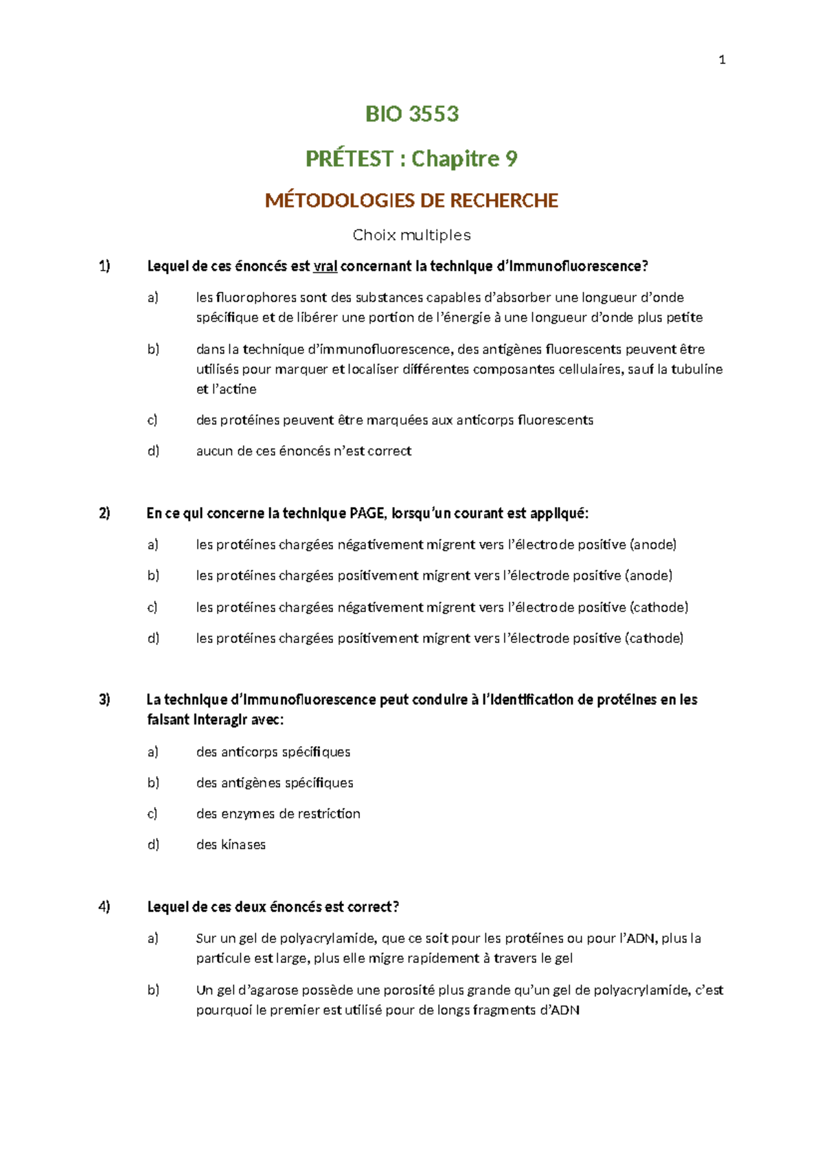 BIO 3553 PRÉTEST : Méthodologies de Recherche - Chapitre 9 - Studocu