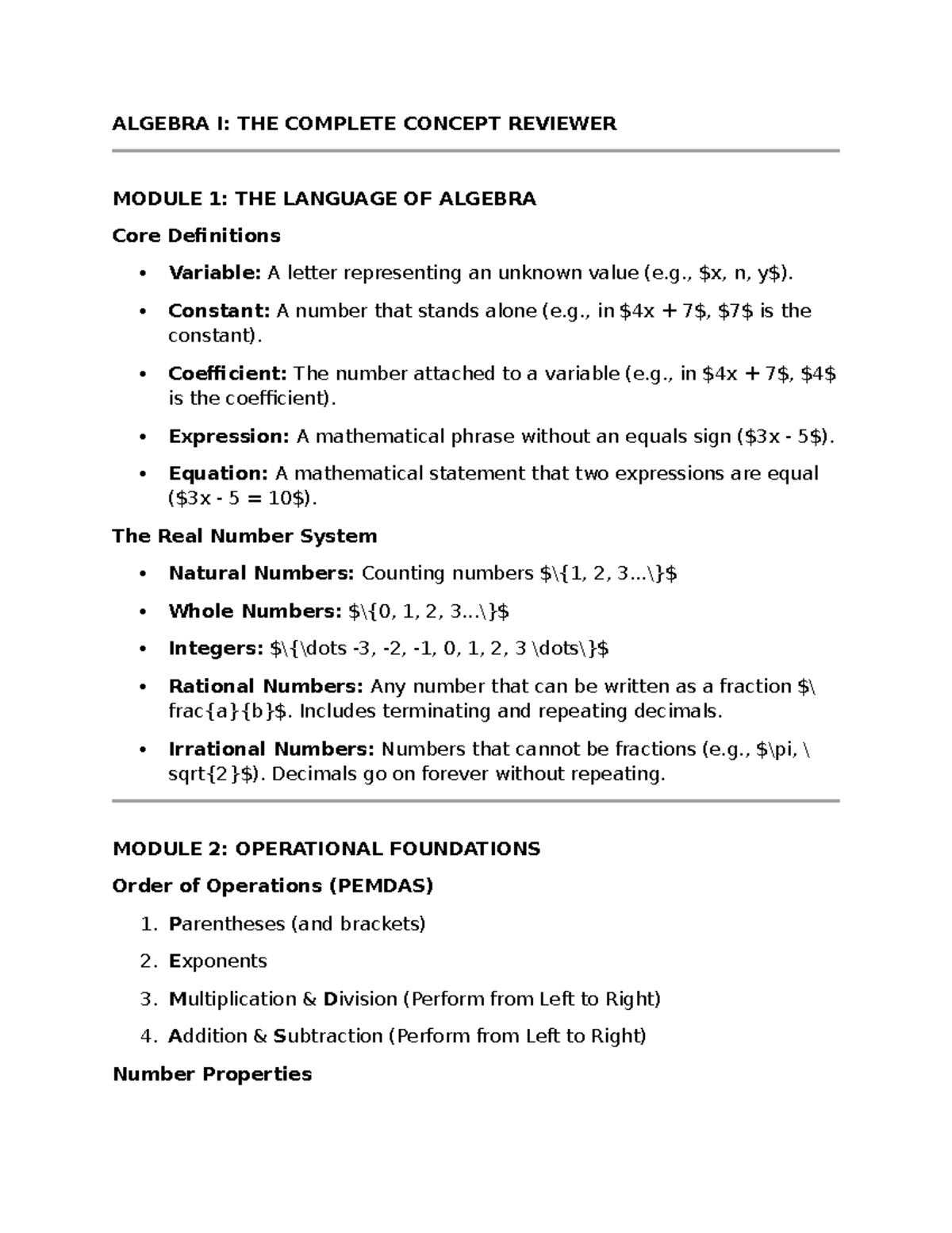 Algebra I: Complete Concept Review for Modules 1-10 - Studocu