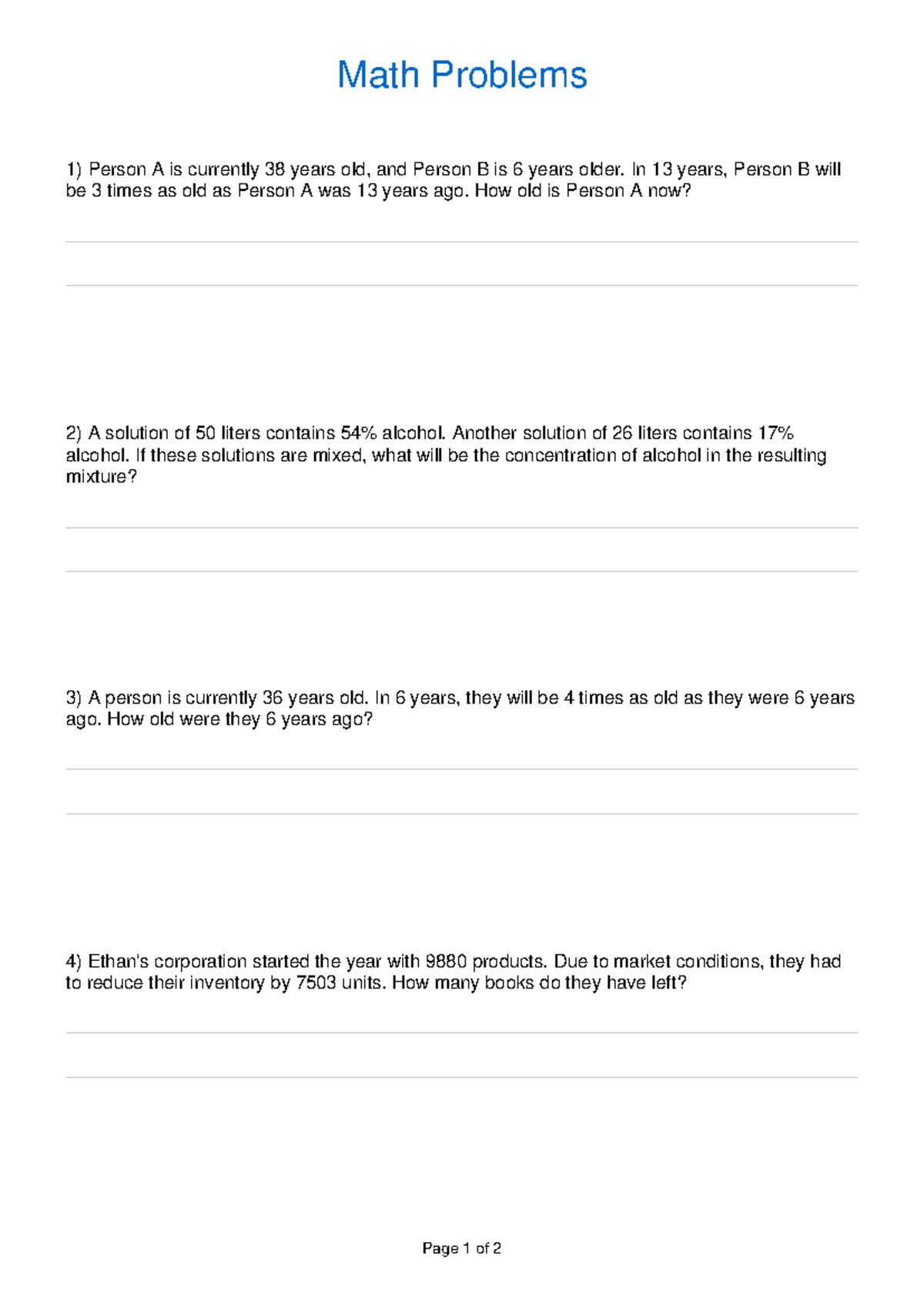 MATH 101: Word Problems Review and Solutions - Studocu