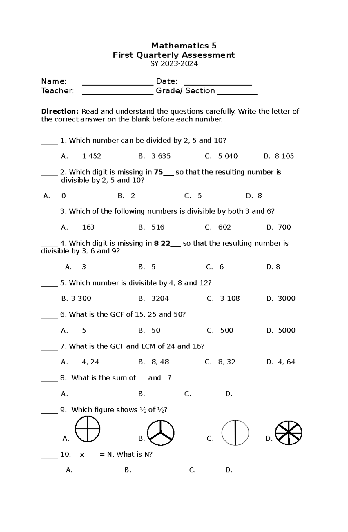 PT MATH 5 Q1 - NONE - Mathematics 5 First Quarterly Assessment SY 2023 ...