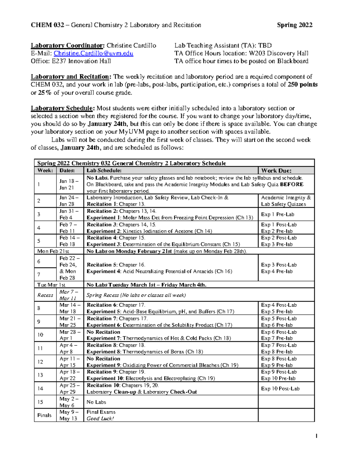 Spring 2022 Chem 032 General Chemistry Lab Syllabus & Schedule - Studocu