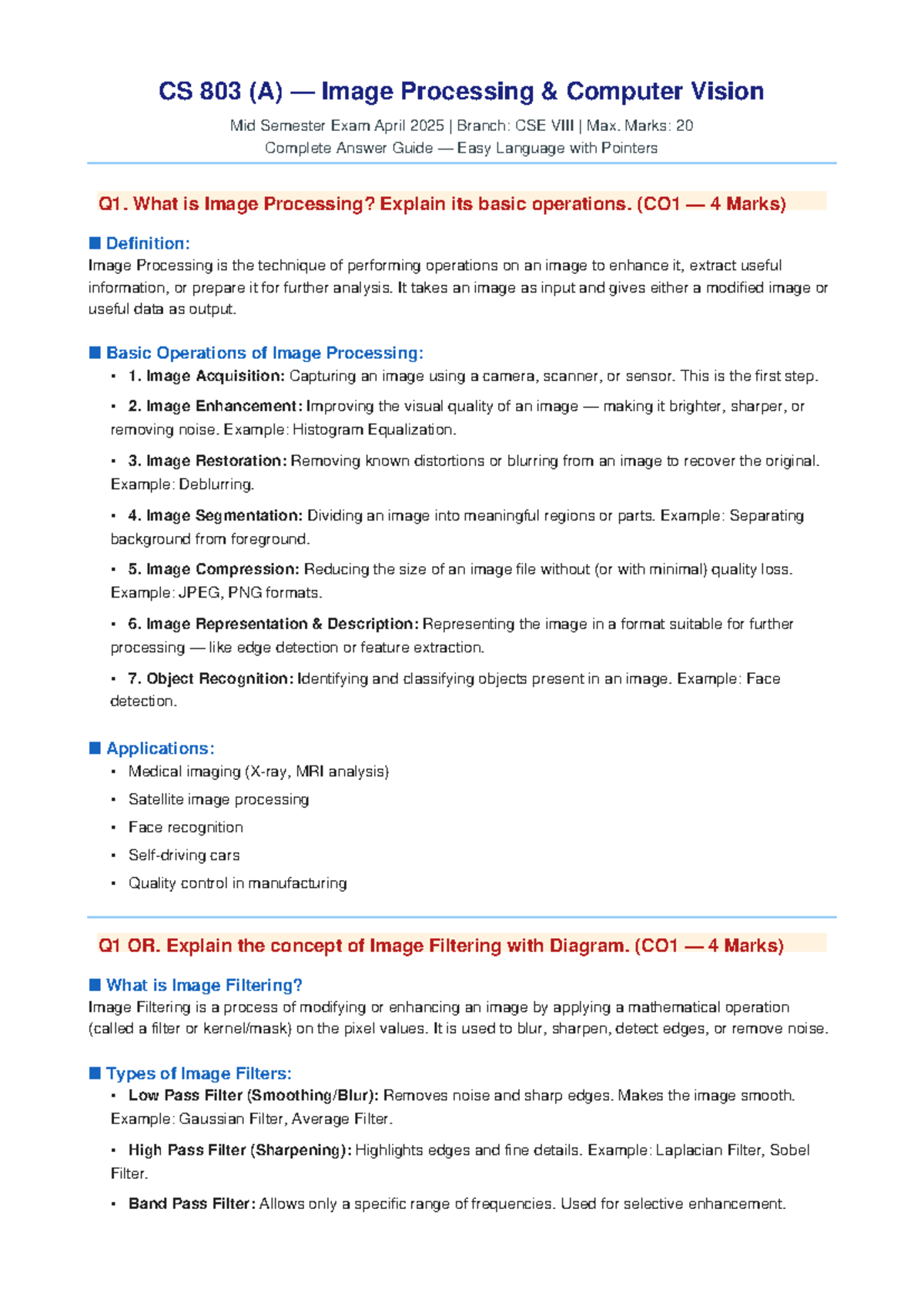CS 803 Image Processing Mid Semester Exam Answer Guide April 2025 - Studocu