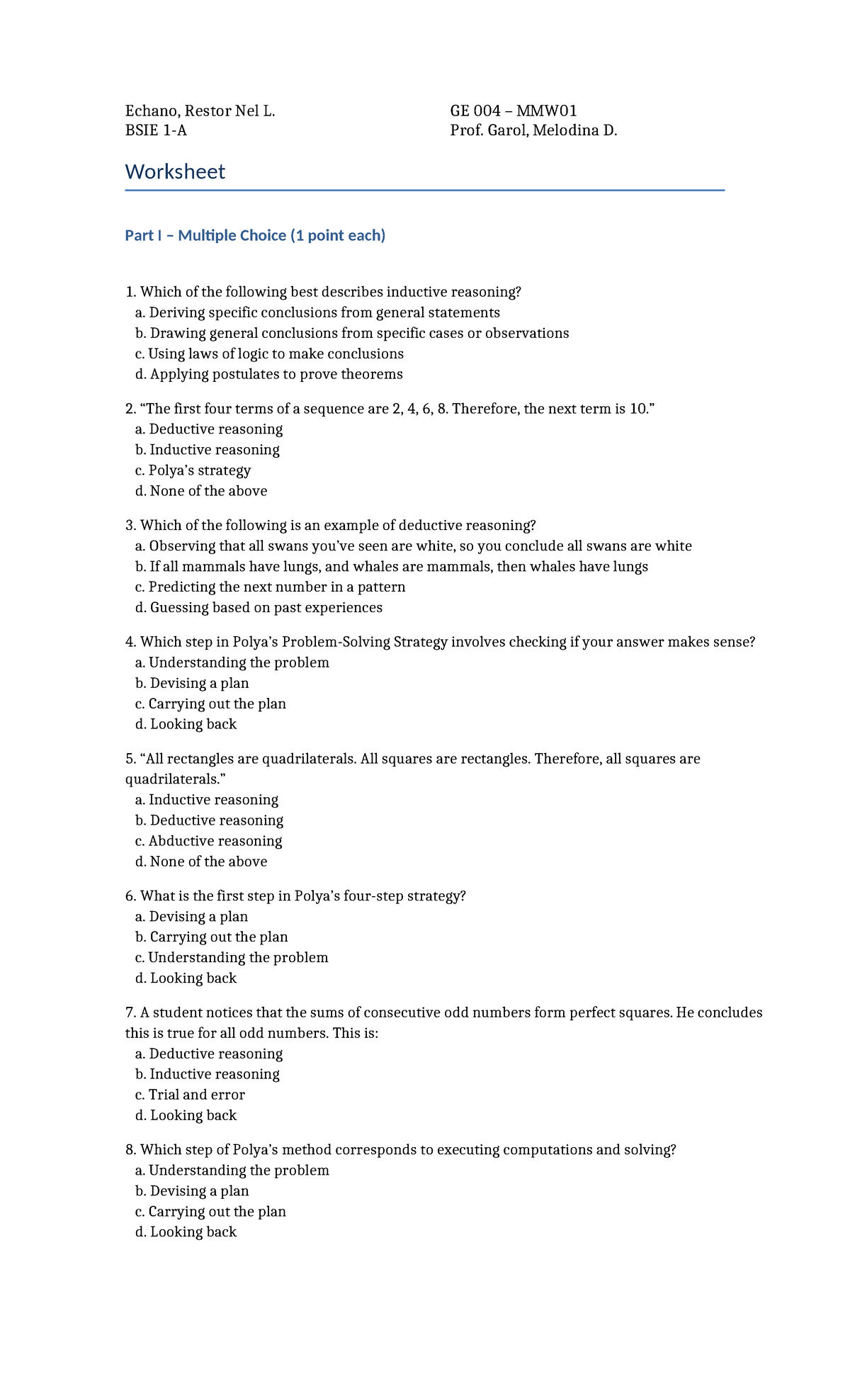 MMW01 BSIE GE 004 Worksheet Part I: Inductive & Deductive Reasoning ...