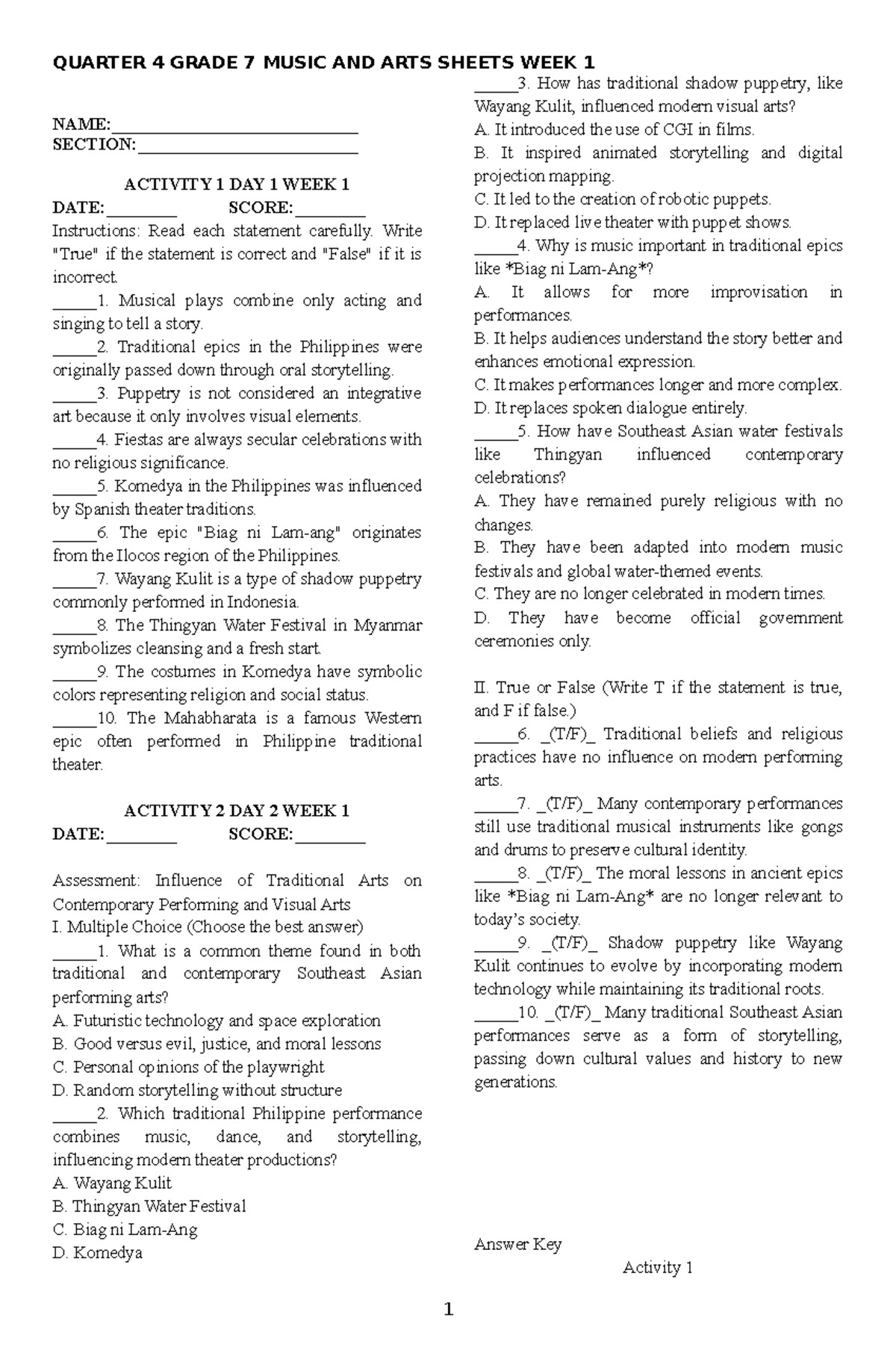 Activity Sheets in Music and Arts 7 - Week 1 Q4 - Studocu